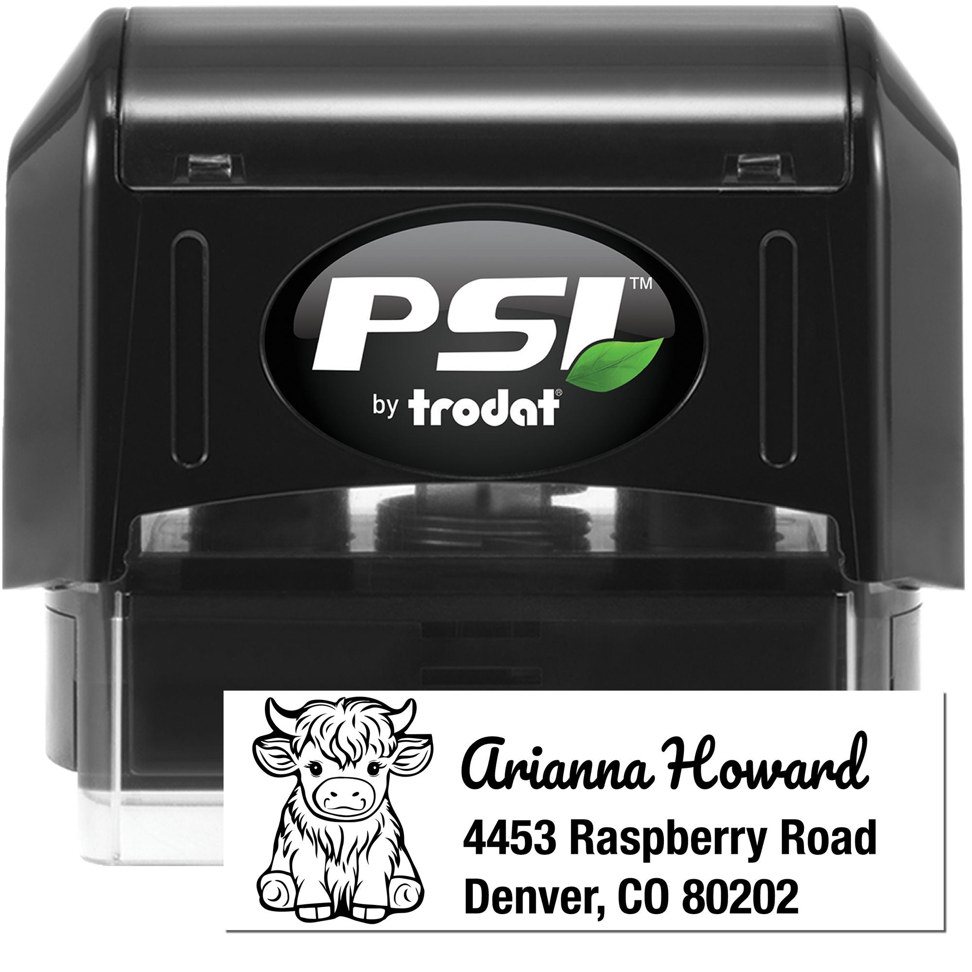 PSI by Trodat self-inking custom rubber address stamp with cow logo and sample return address for personalized mailing.