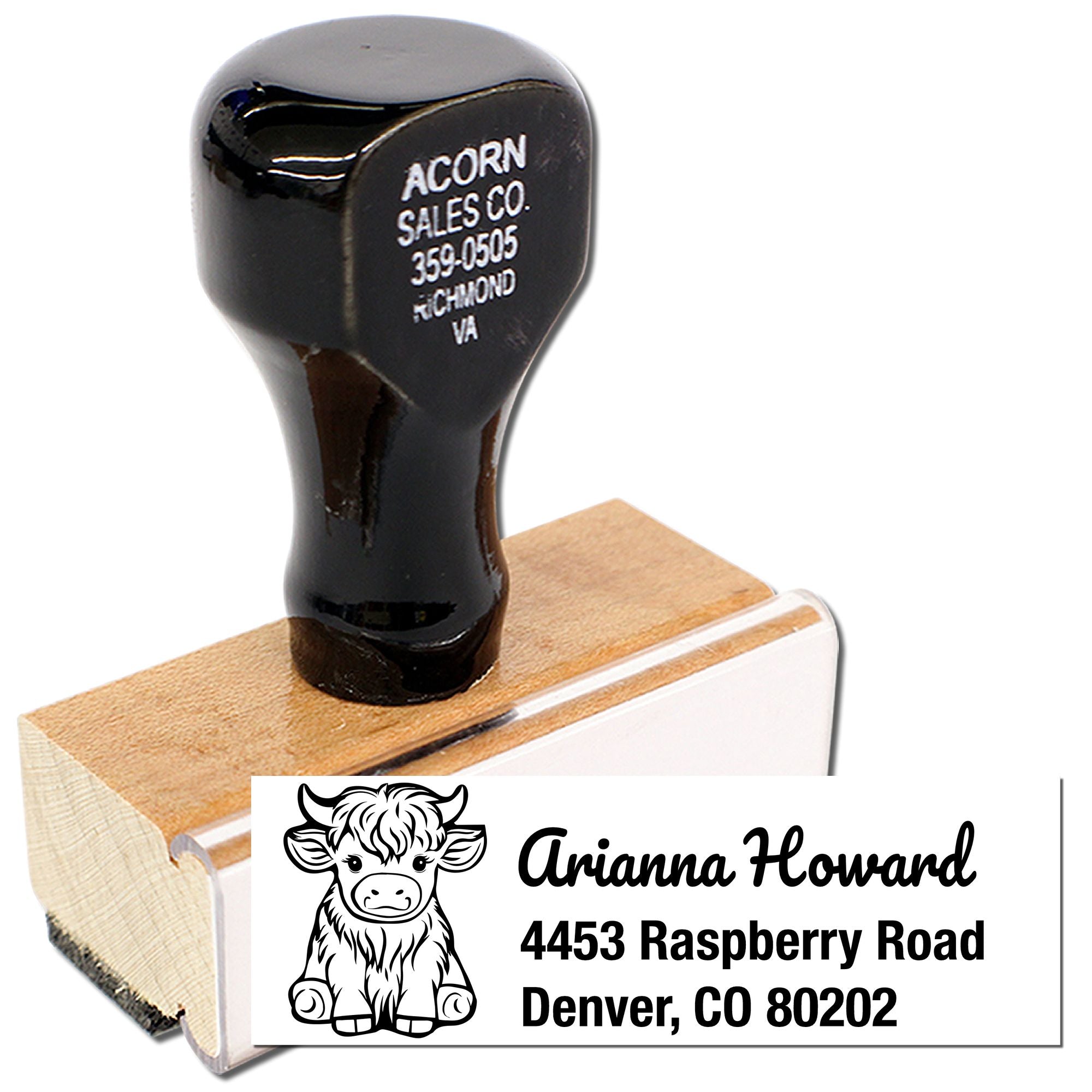 Custom return address rubber stamp with cow design, featuring Ariana Howard, Denver, CO, for personalized mailing.