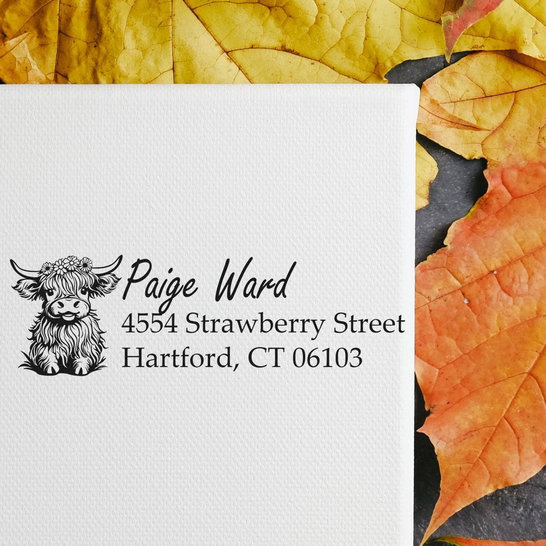 Personalized return address rubber stamp with cow icon for Paige Ward, Hartford, CTideal for stationery and mailing labels.