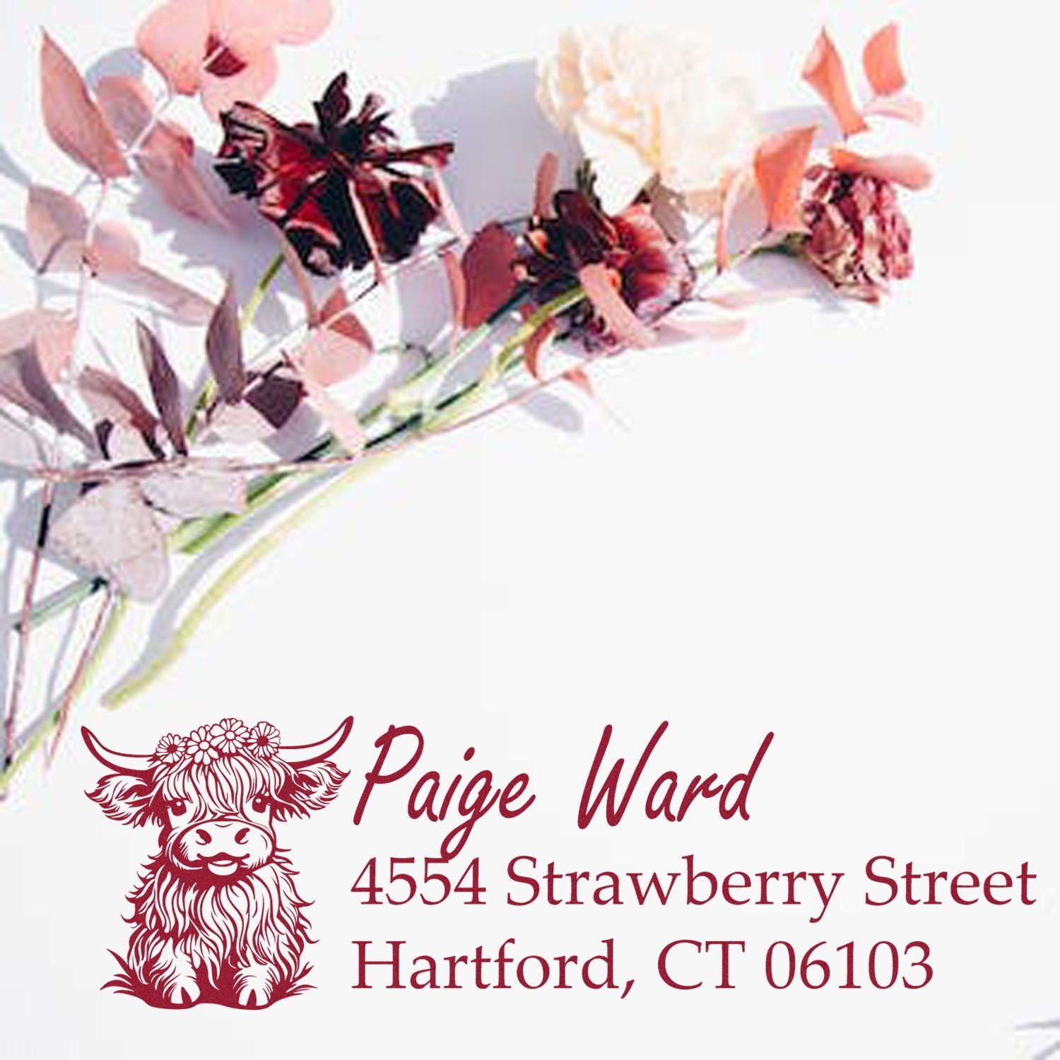 Personalized cow return address rubber stamp for Paige Ward, 4554 Strawberry Street, Hartford, CT 06103