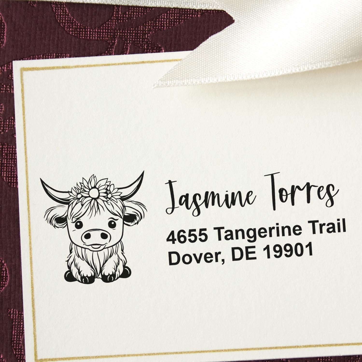 Personalized rubber address stamp with cow design for Jasmine Torres, Dover, DE 19901.