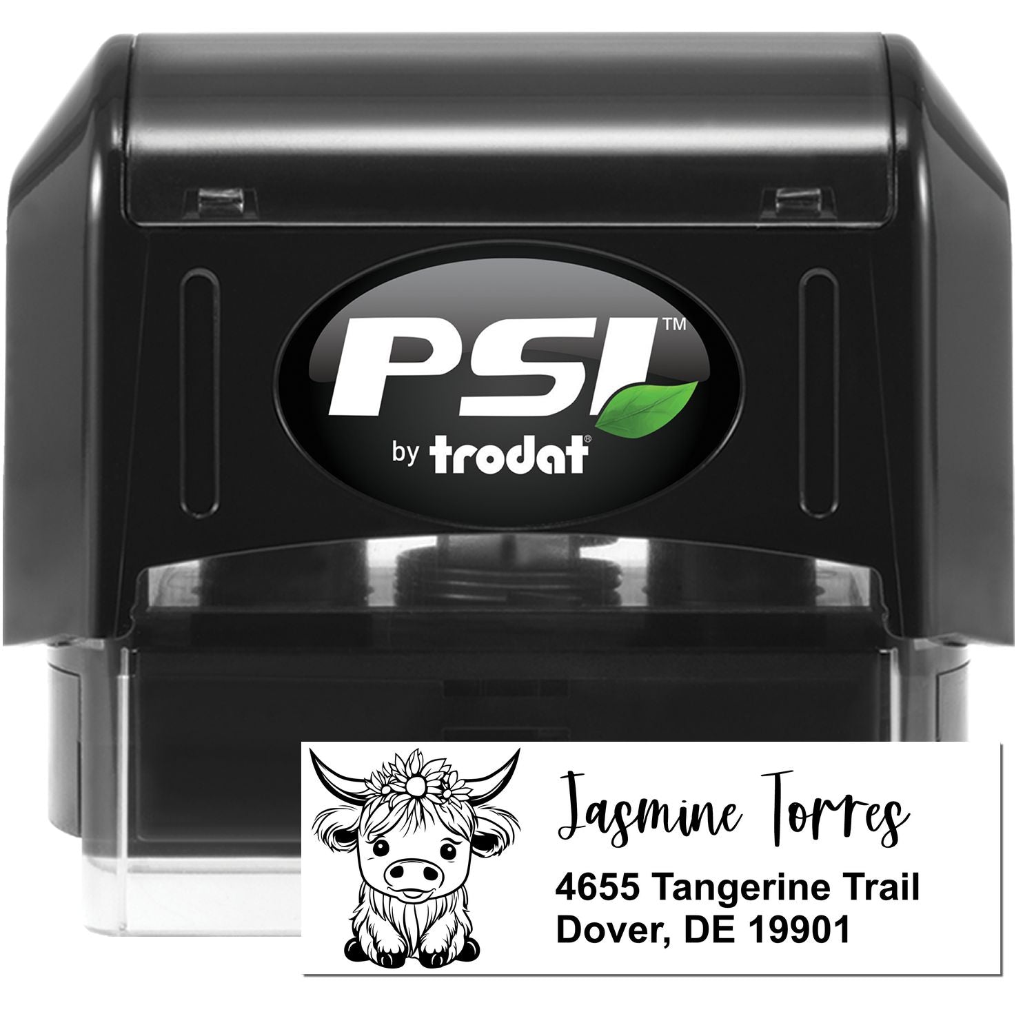 Custom self-inking rubber address stamp by PSI Trodat with cow design and return address for mailing.