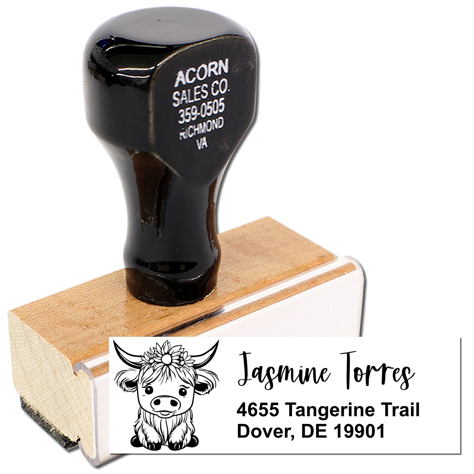 Custom wood rubber stamp with cow logo, personalized name, and address for business or return mailing use