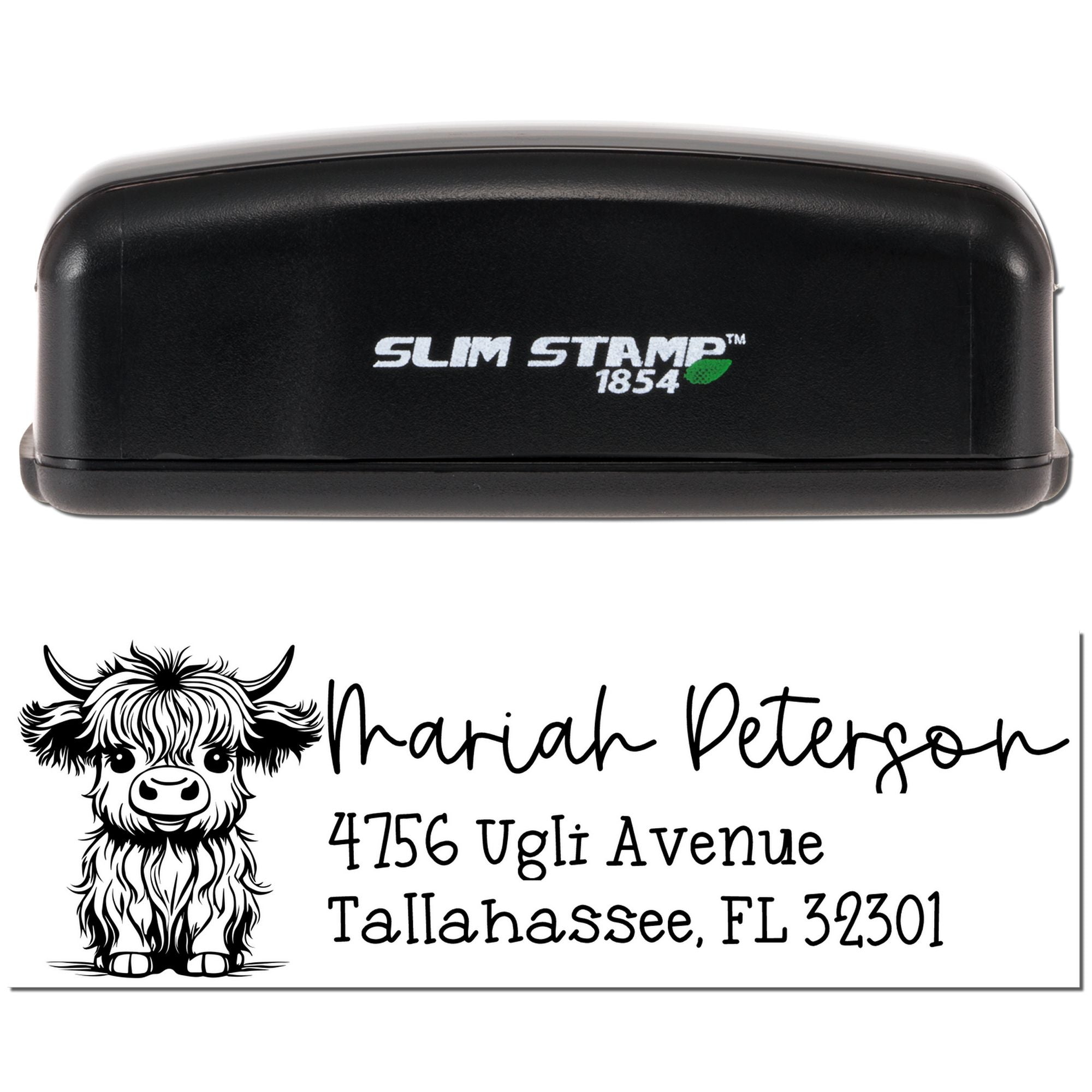 Custom self-inking rubber return address stamp with cow design, shown in Slim Stamp 1854 case.
