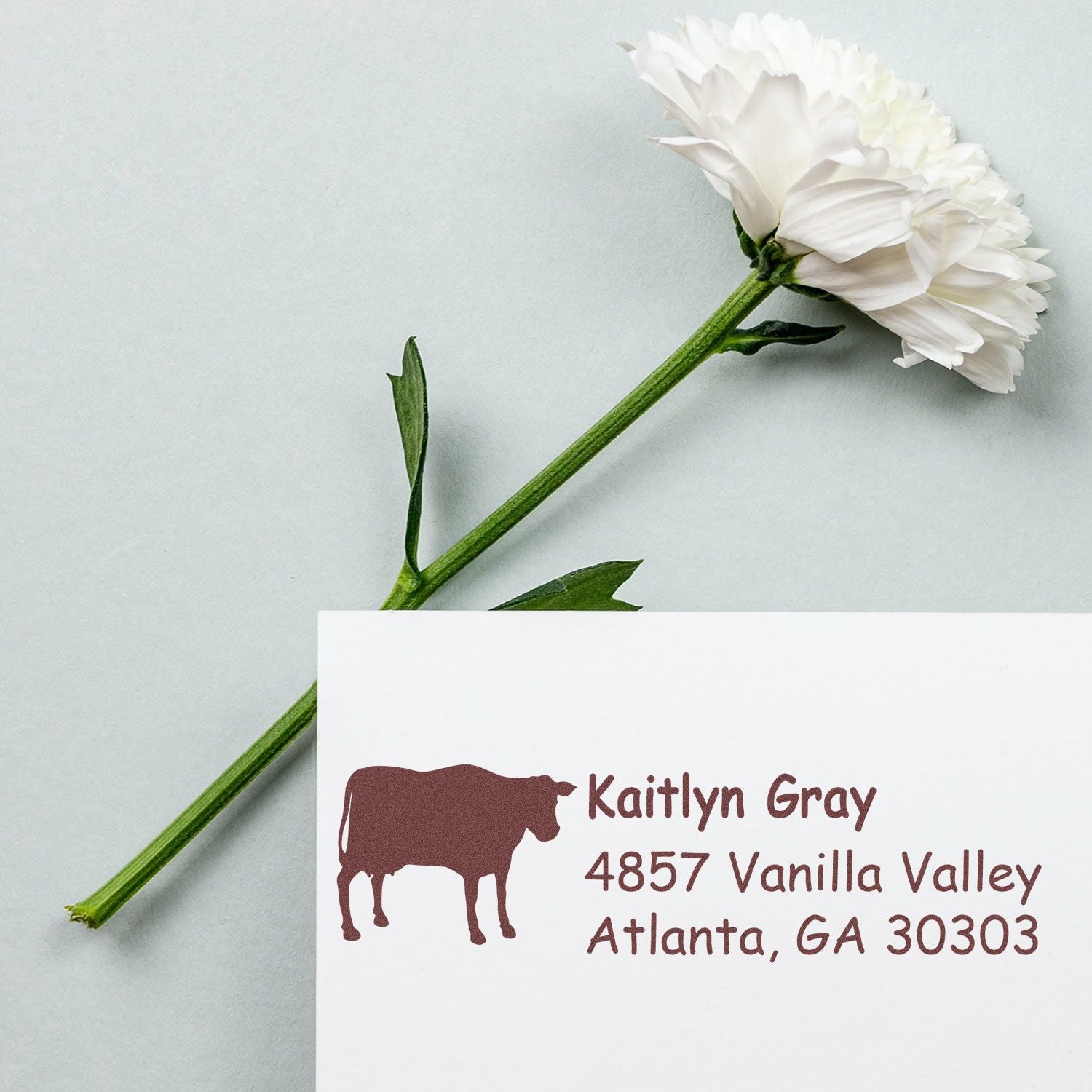 Custom rubber stamp return address with cow silhouette, personalized name, and Atlanta, GA address on white paper.