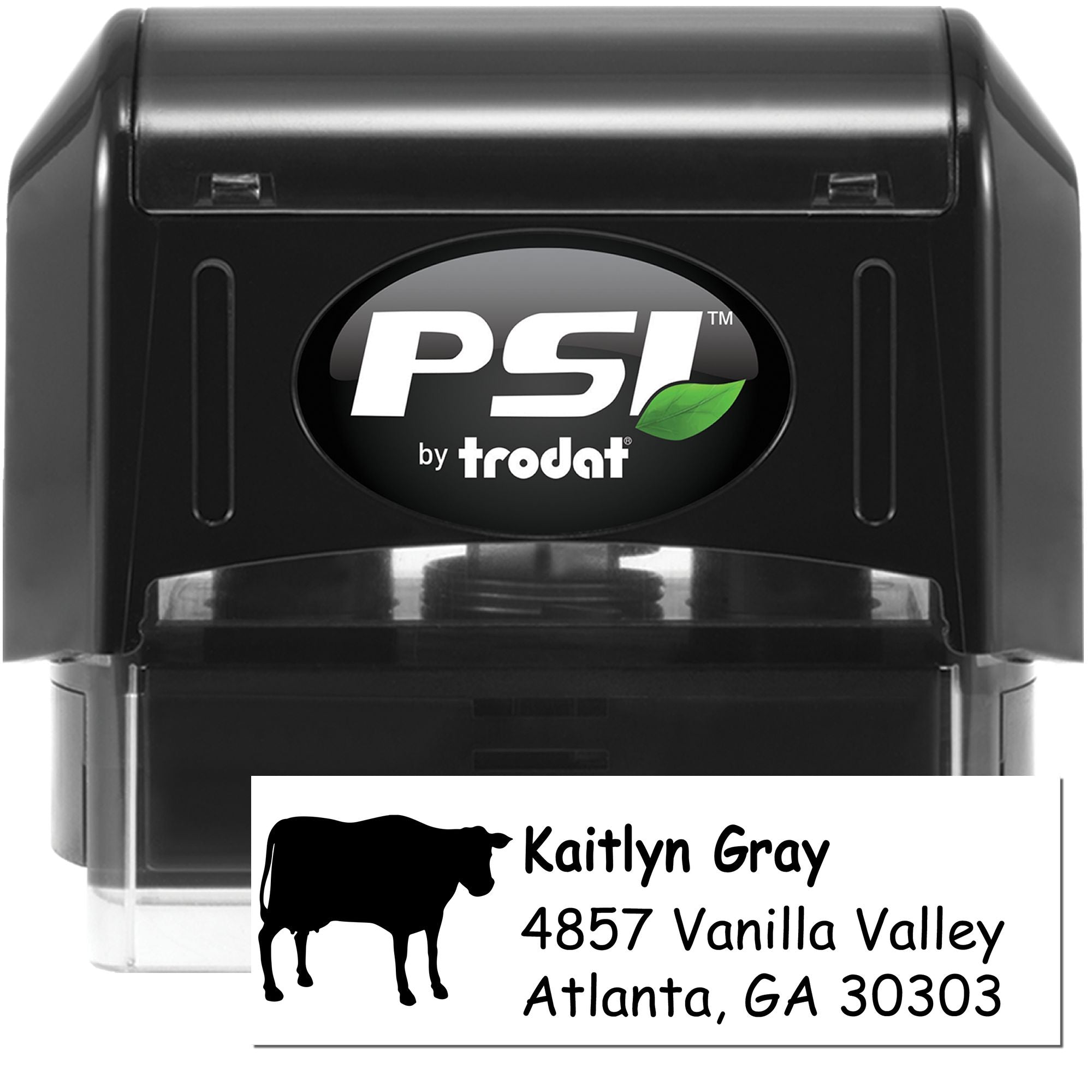 Personalized self-inking return address rubber stamp with cow design, PSI by Trodat, for Kaitlyn Gray, Atlanta, GA.