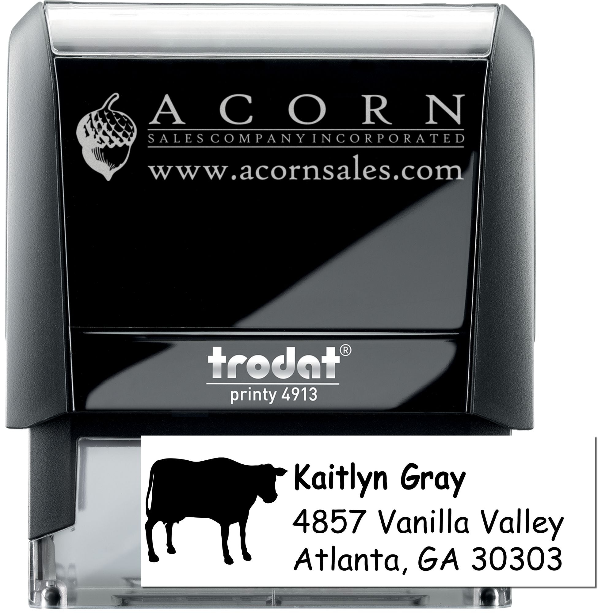 Custom self-inking rubber address stamp with logo, name, and mailing details, Trodat Printy 4913