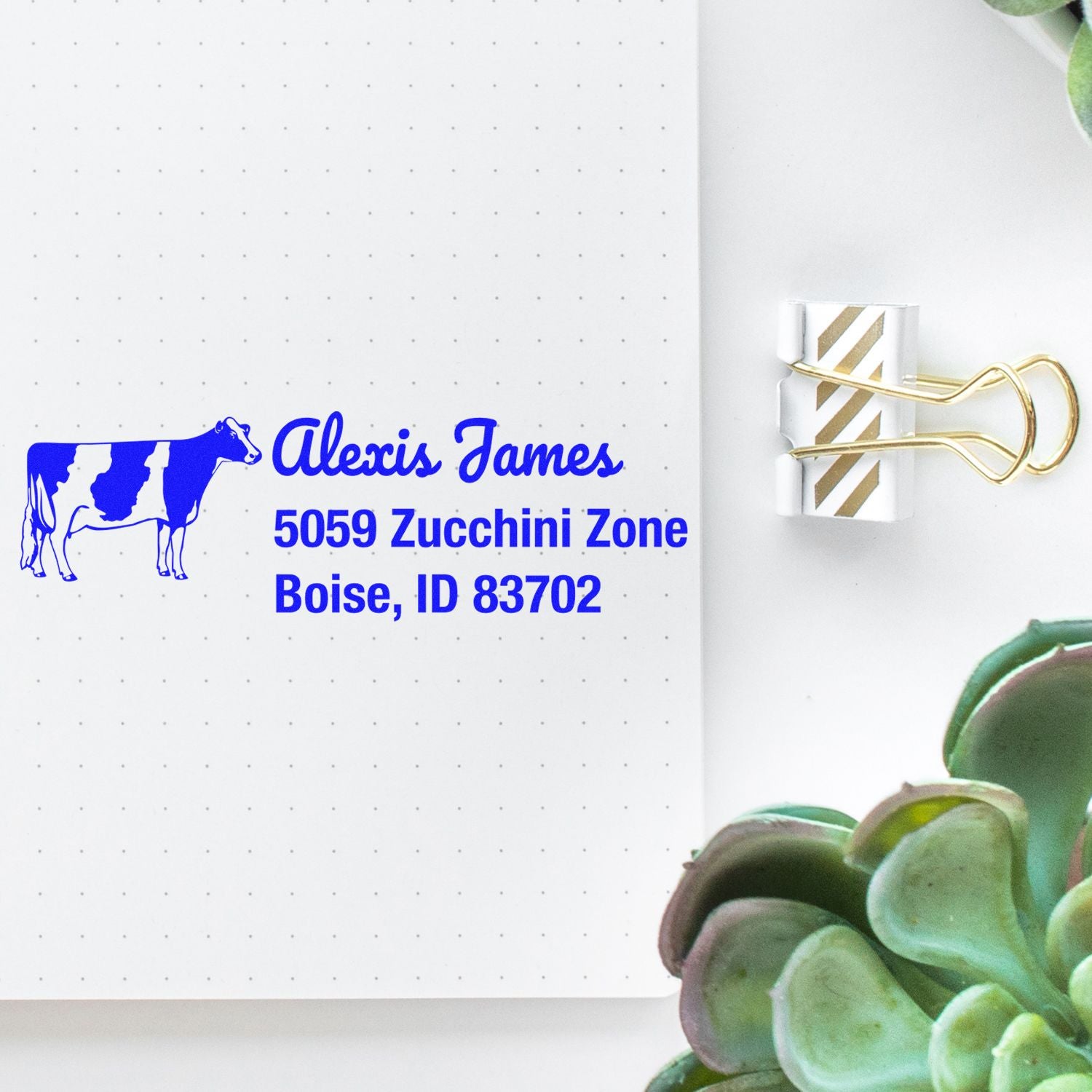 Personalized return address rubber stamp with cow logo, Alexis James name, and Boise, ID address for farm or ranch mailings.
