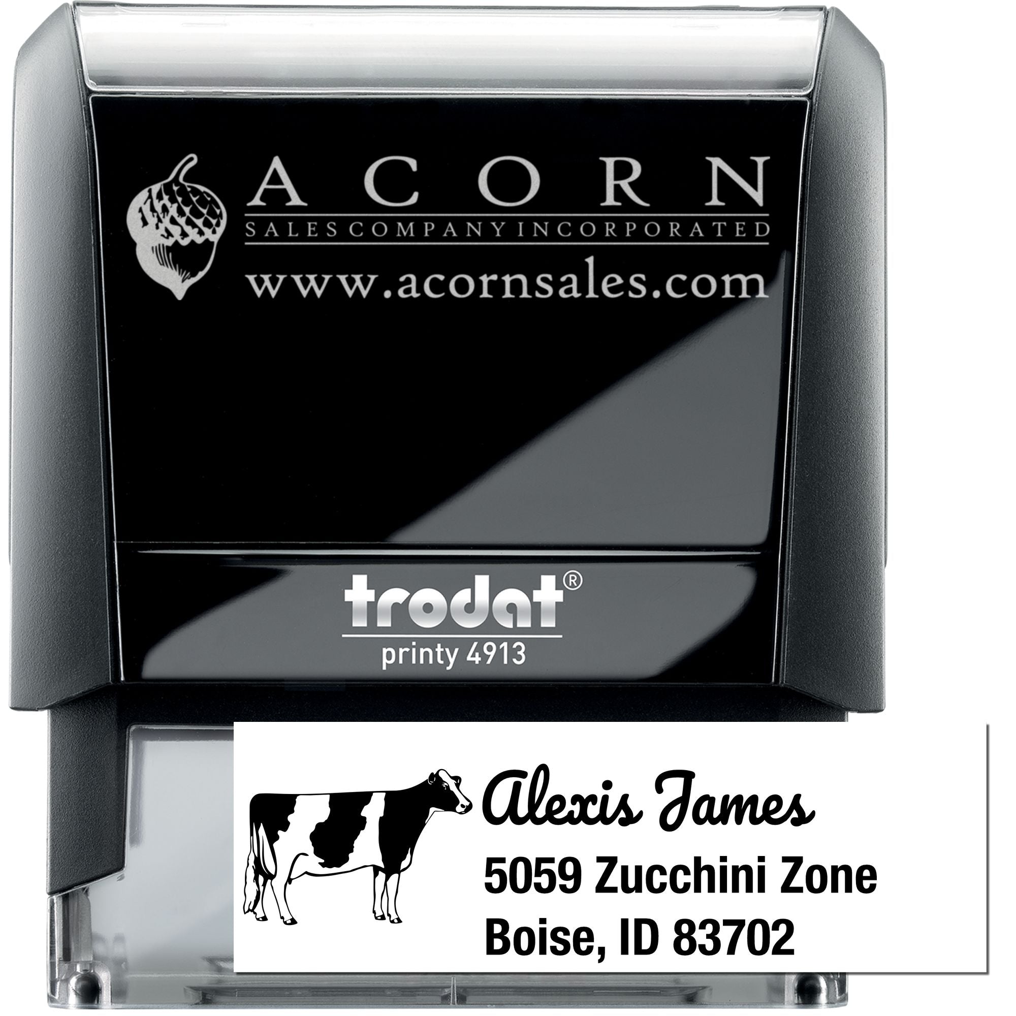 Trodat Printy 4913 custom self-inking rubber stamp with logo and address imprint for business branding and mailing.