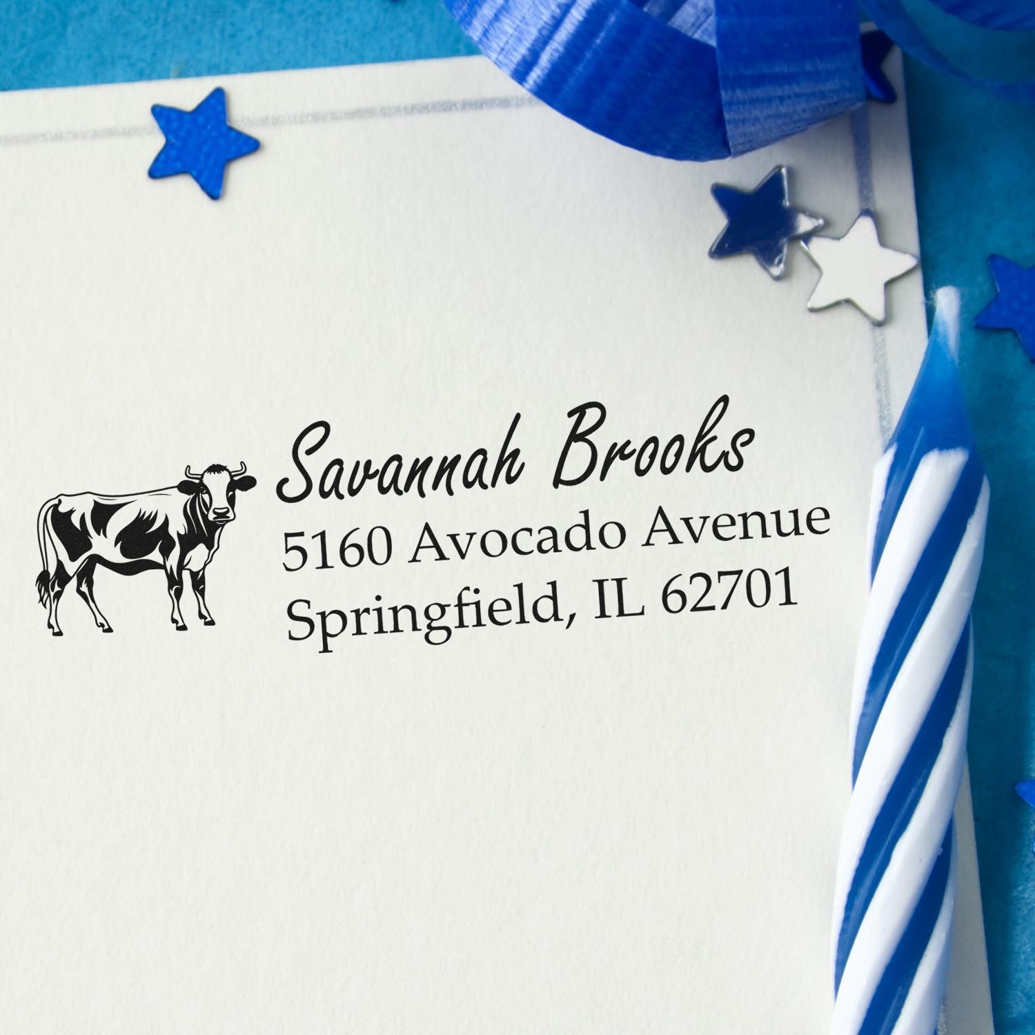Custom return address rubber stamp with cow design for personalized envelopes, wedding stationery, or farm-themed mail.