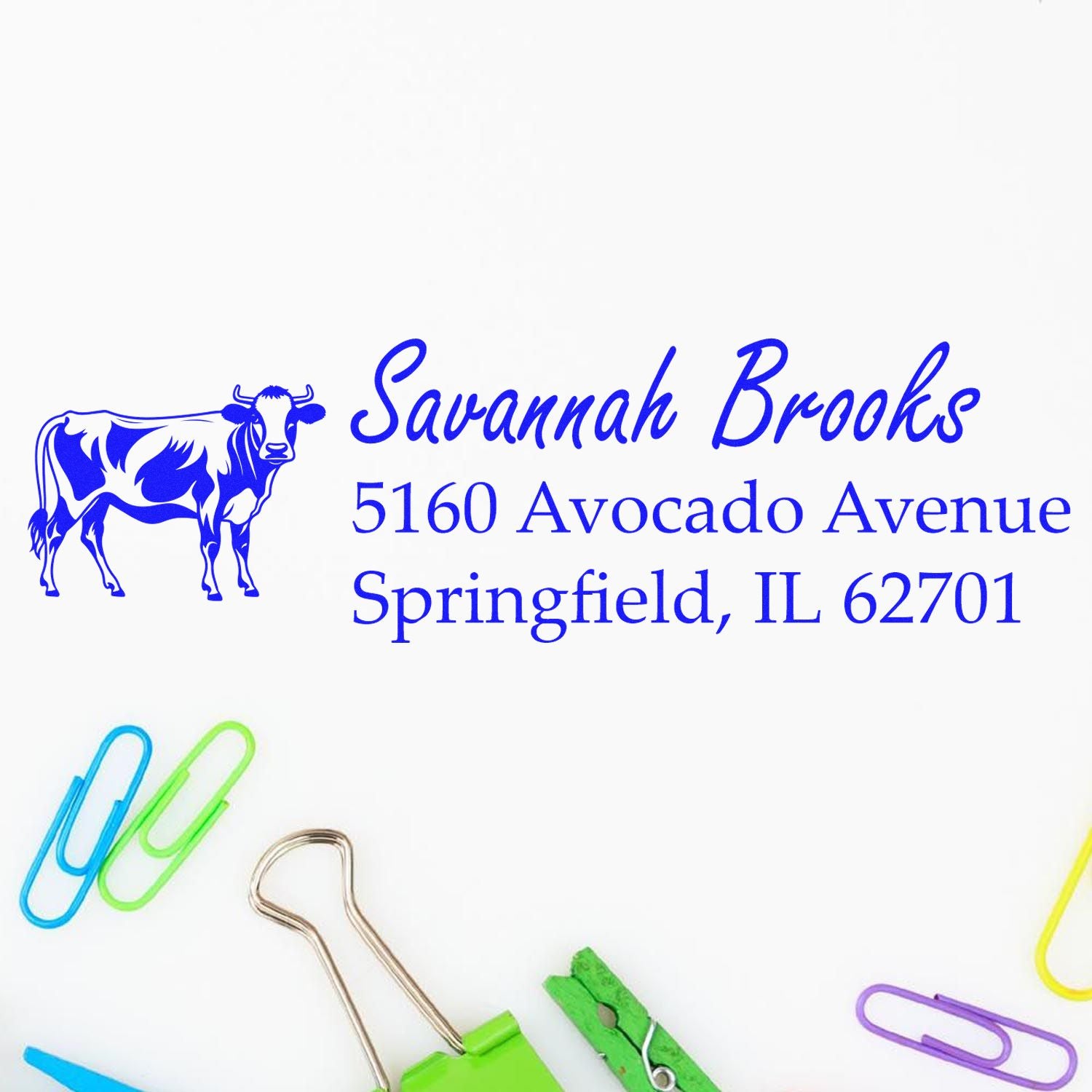 Personalized custom rubber address stamp with cow logo for Savannah Brooks, 5160 Avocado Avenue, Springfield, IL 62701.
