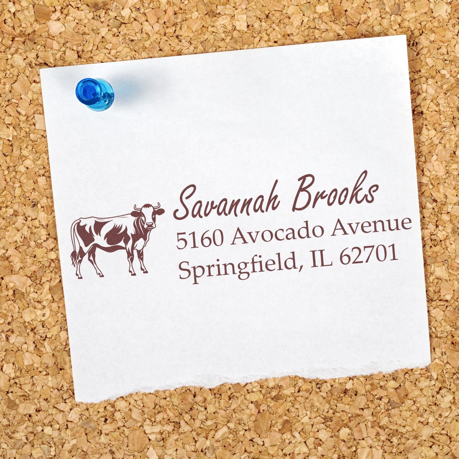 Custom rubber return address stamp with cow design, featuring Savannah Brooks name and Springfield, IL address on paper note