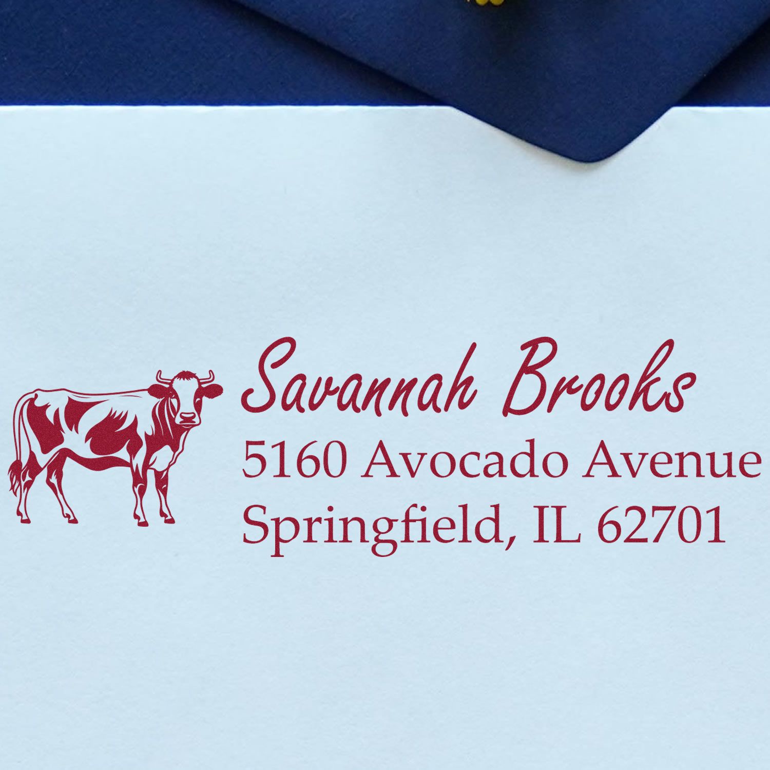 Custom return address rubber stamp with cow design for Savannah Brooks, Springfield, IL mailing envelopes.
