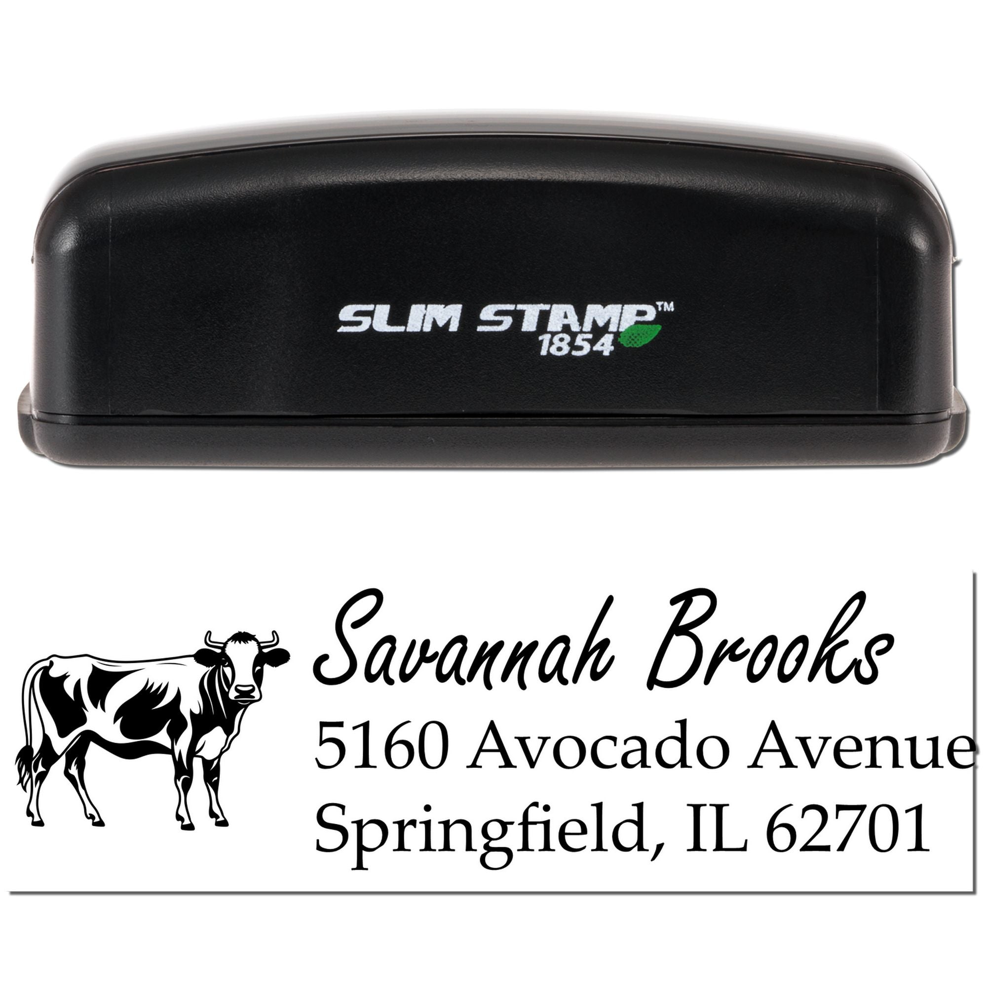 Custom Slim Stamp rubber stamp with cow logo and return address for Savannah Brooks, Springfield, IL 62701.