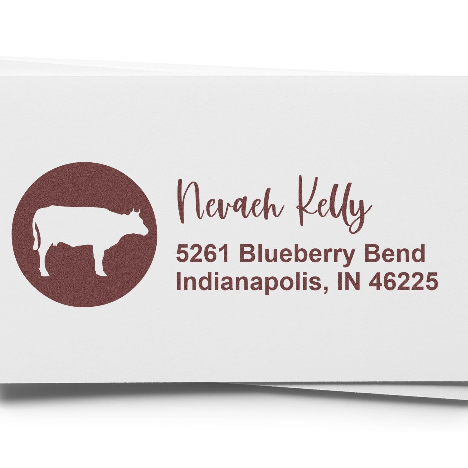 Custom cattle-themed return address rubber stamp with cow icon, name, and Indianapolis, IN address.