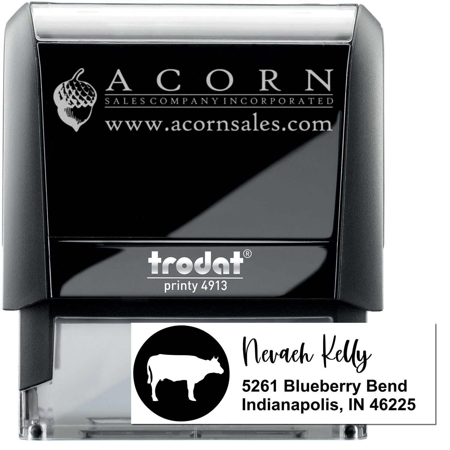 Custom self-inking business rubber stamp with logo and address, Trodat Printy 4913 for branding and mail use.