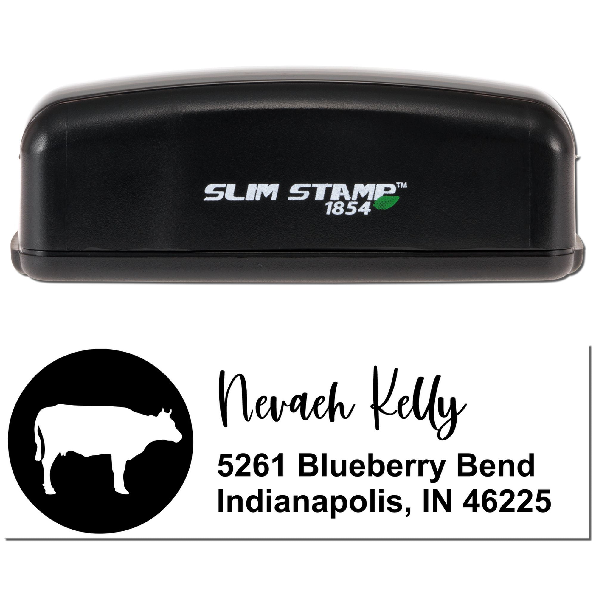 Slim Stamp 1854 personalized self-inking rubber address stamp with cow logo, Nevaeh Kelly return address.