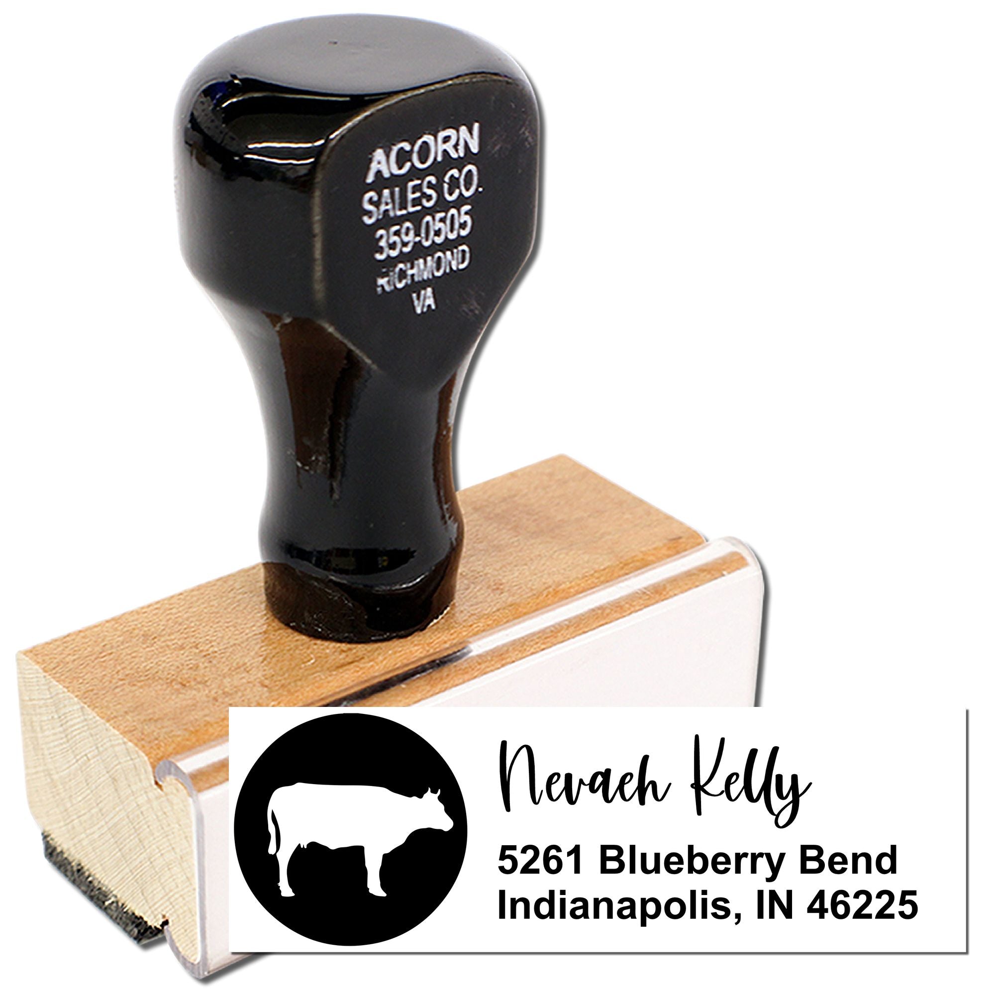 Custom self-inking rubber address stamp with cow logo and return address for Nevaeh Kelly, Indianapolis, IN.