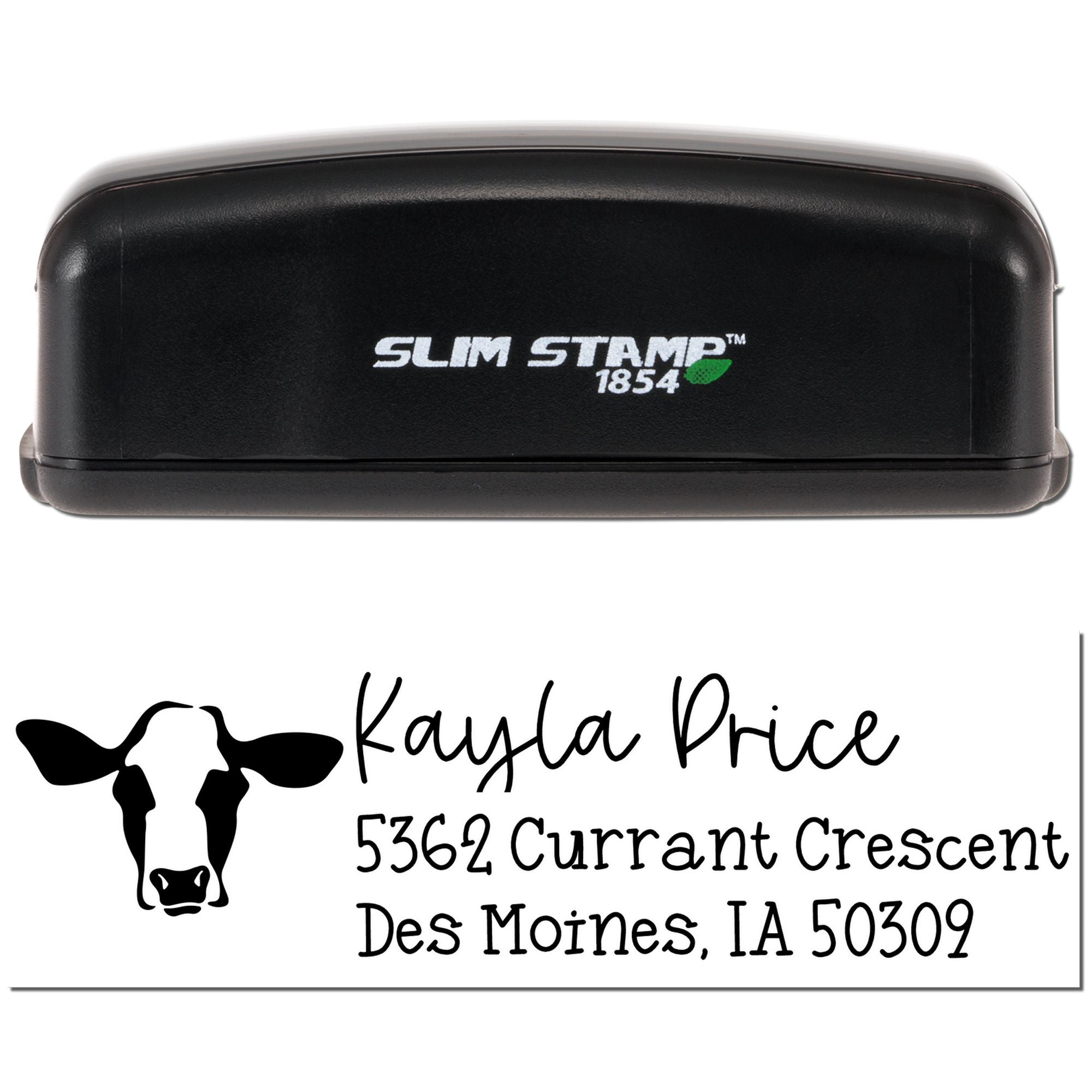Slim Stamp 1854 self-inking rubber address stamp with cow logo for Kayla Price, Des Moines, IA.