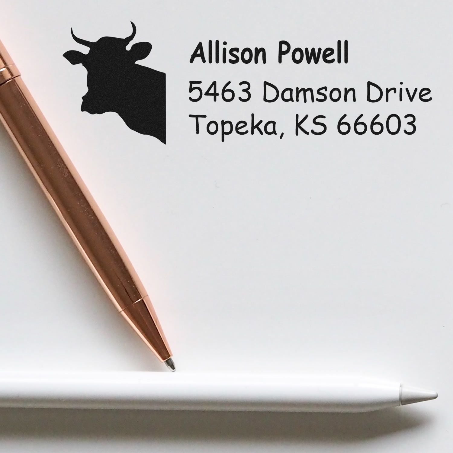 Custom rubber address stamp with Kansas cow silhouette, featuring Allison Powells Topeka, KS return address.