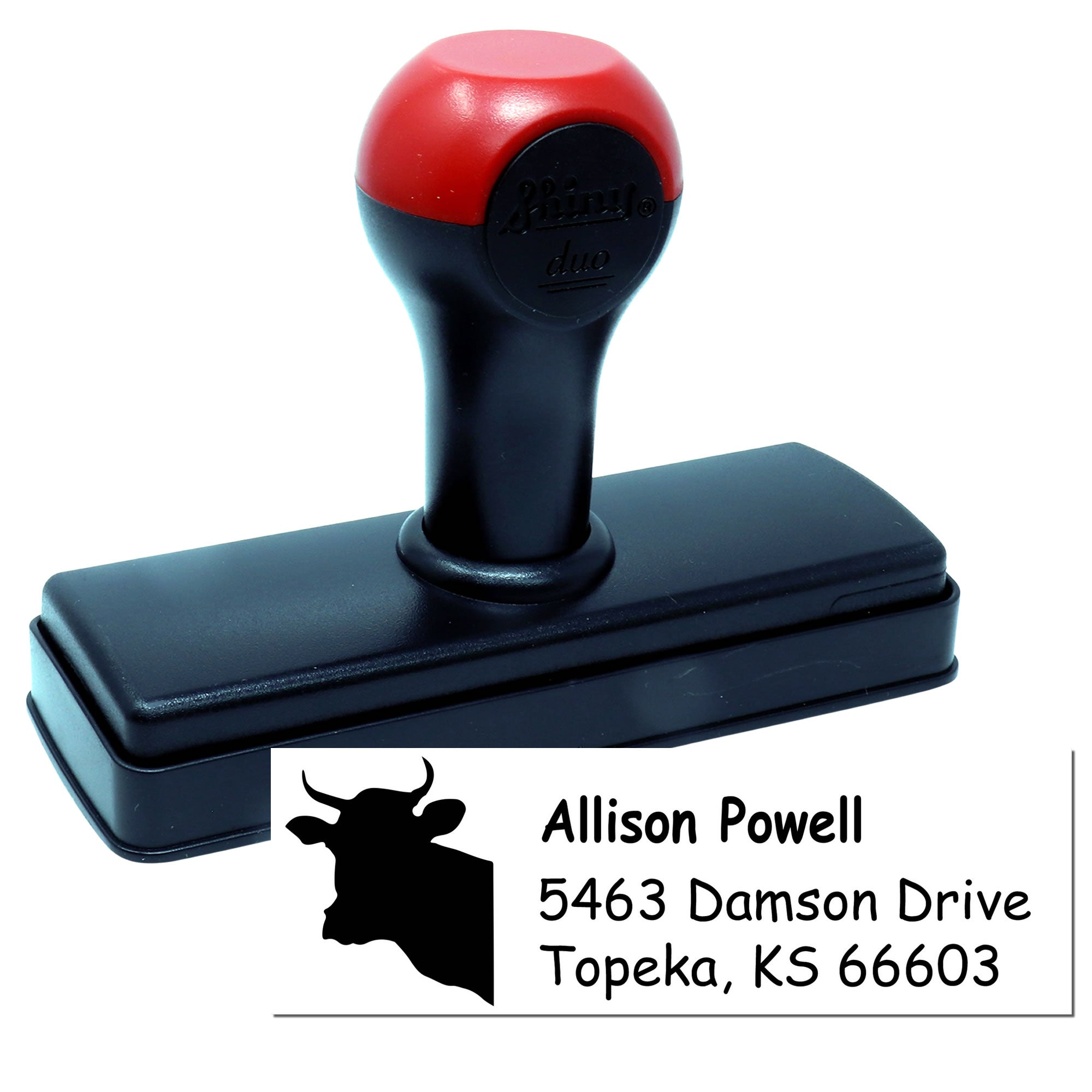 Personalized self-inking rubber address stamp with custom name, address and logo for mailing and business use.
