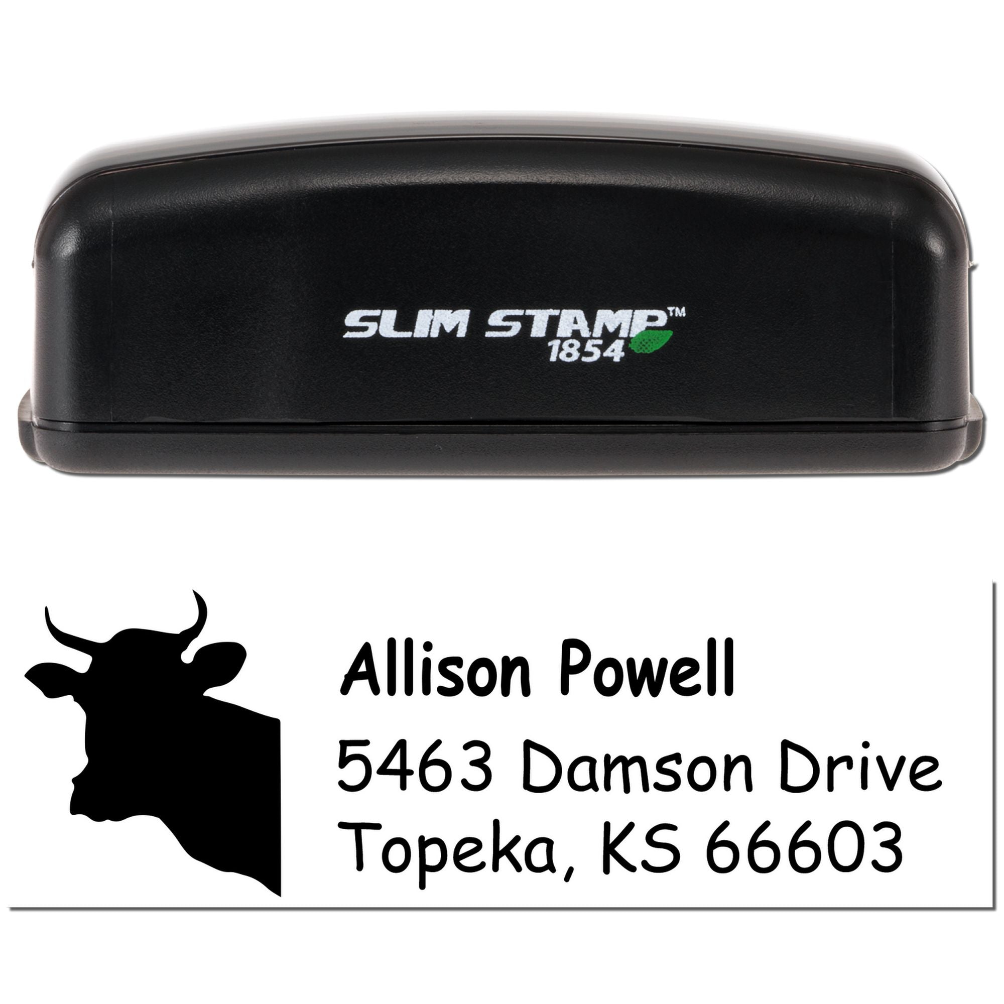 Custom self-inking Slim Stamp 1854 rubber stamp with cow silhouette and Allison Powell address in Topeka, KS 66603.