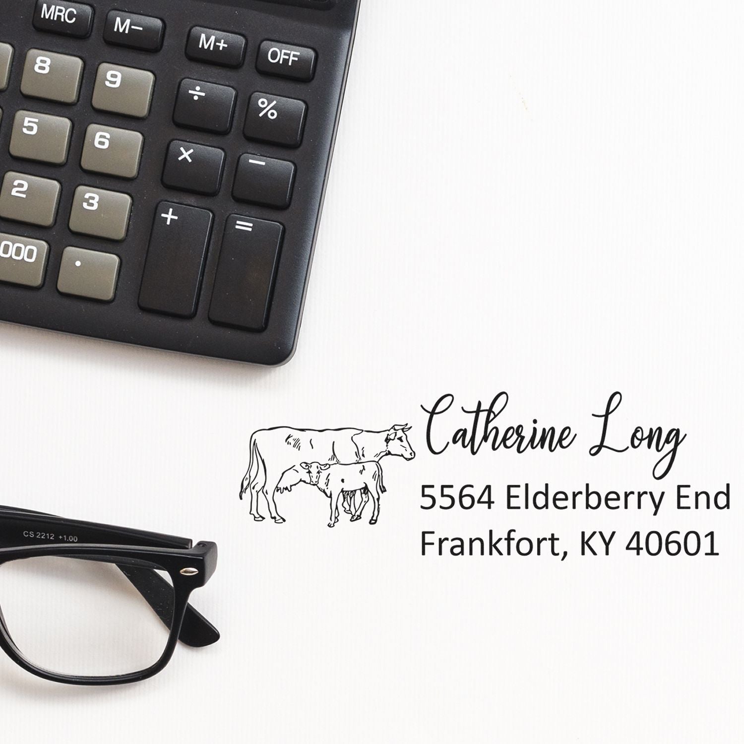 Custom return address rubber stamp with cow and calf, personalized name and address for farm envelopes.