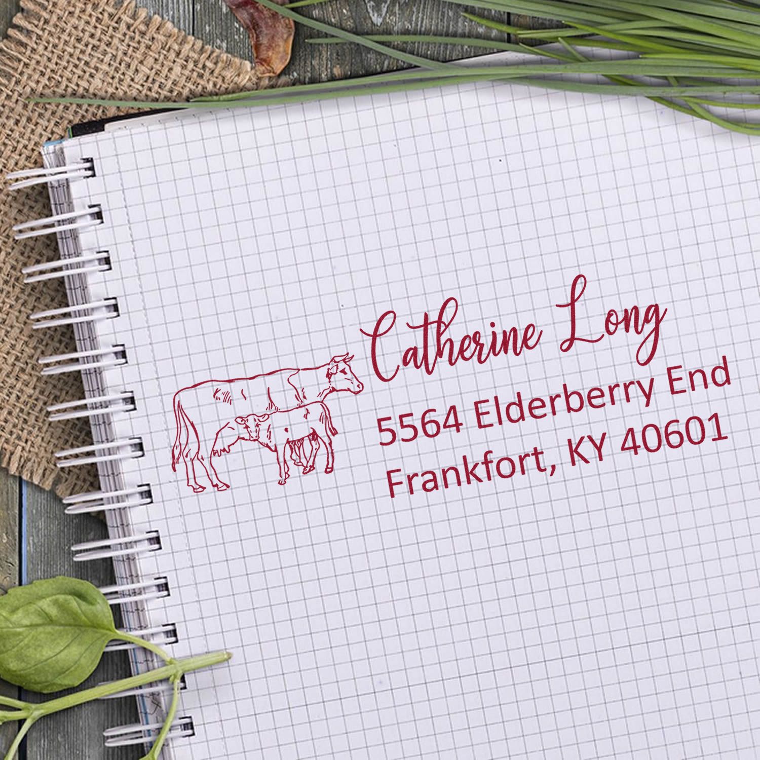 Custom cattle return address rubber stamp with name and Frankfort, KY address for farm or ranch branding.
