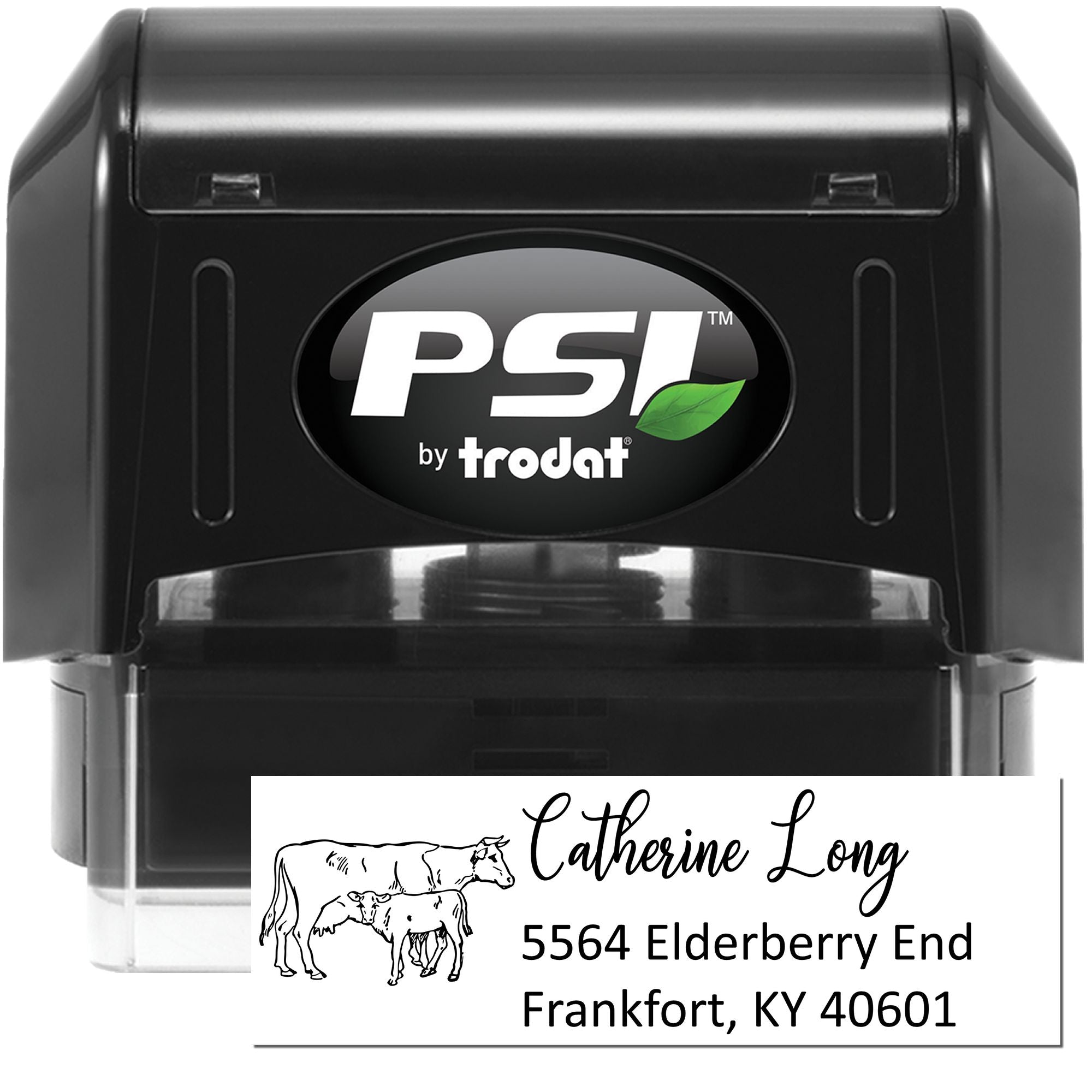 PSI by Trodat self-inking rubber stamp with custom address imprint and cattle logo for personalized mailing labels