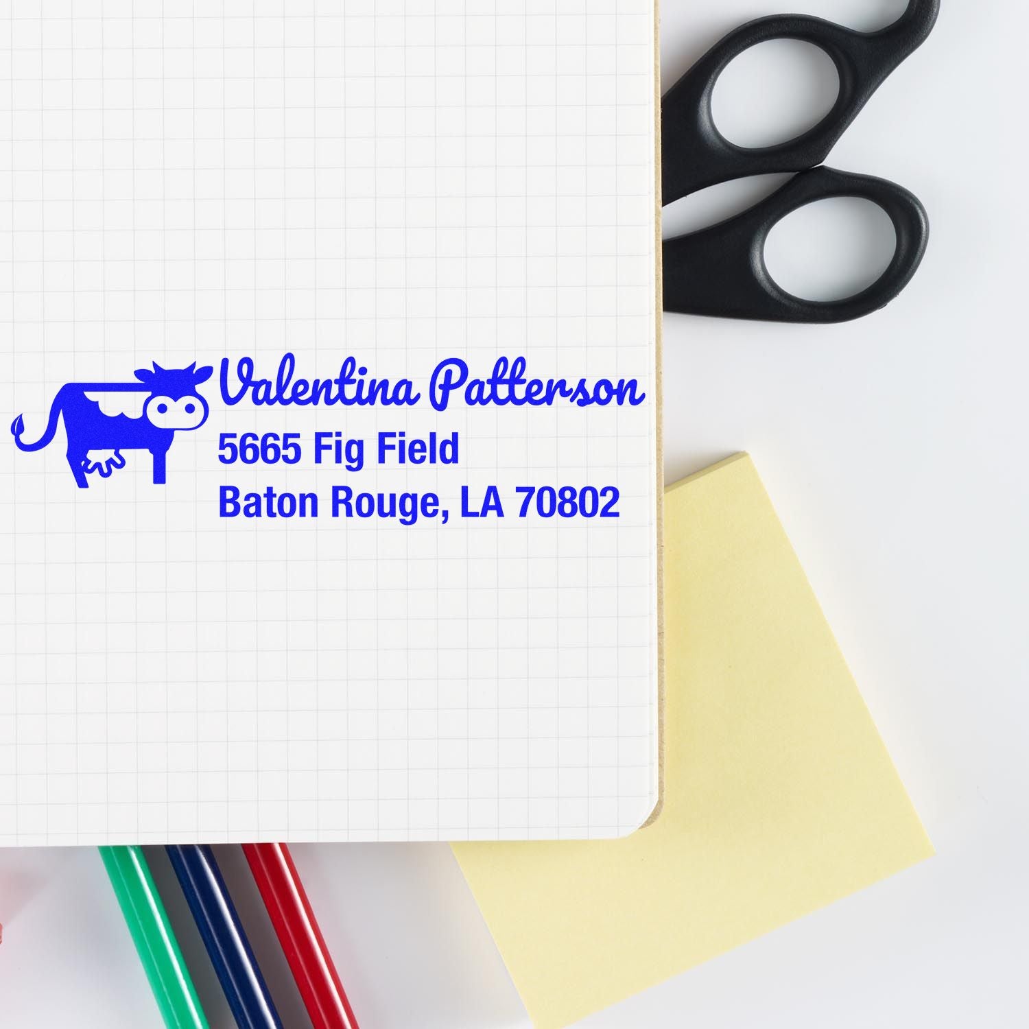 Custom return address rubber stamp with cow design, ideal for personal mailing labels and envelopes.