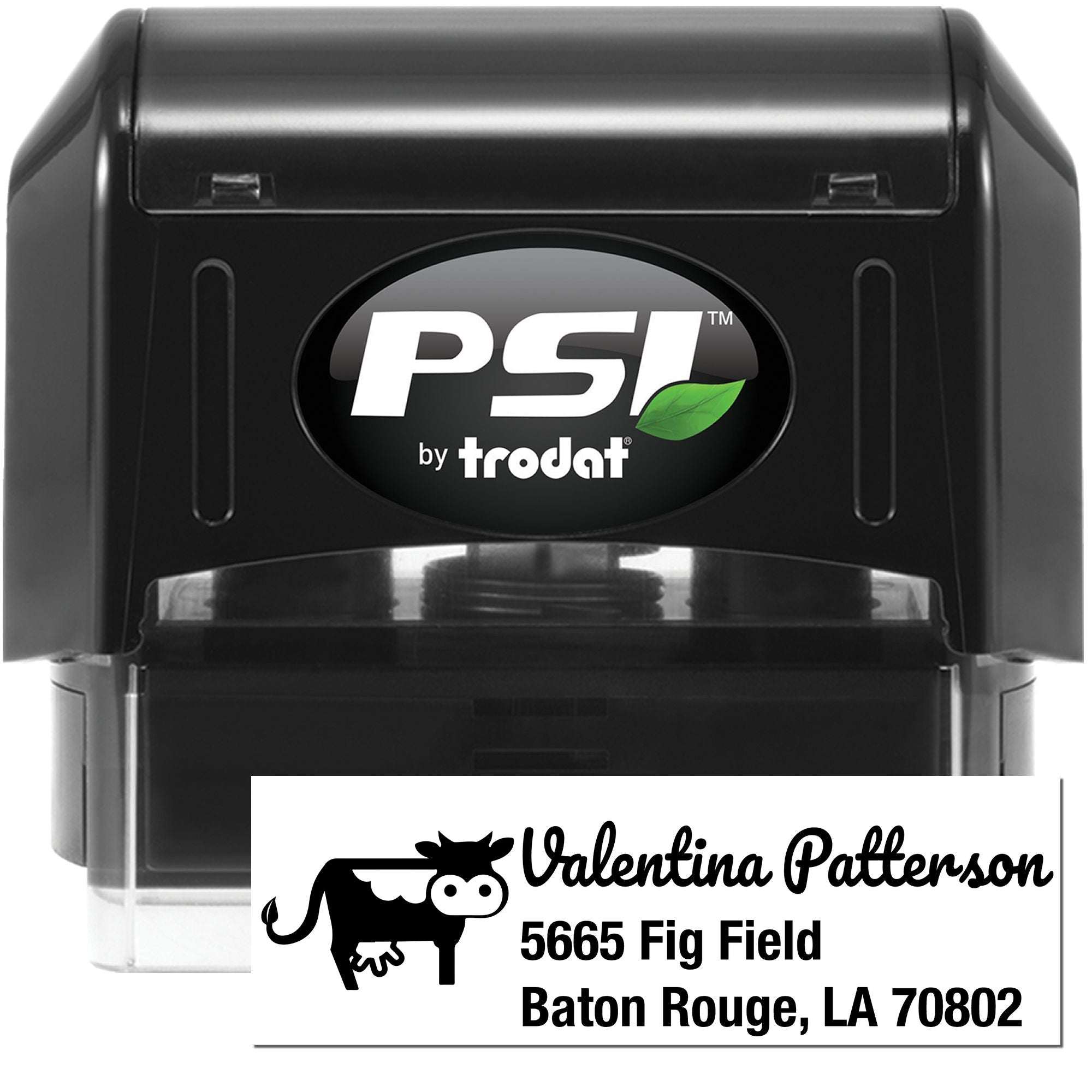 PSI by Trodat self-inking rubber address stamp with custom cow logo for Valentina Patterson, Baton Rouge, LA 70802