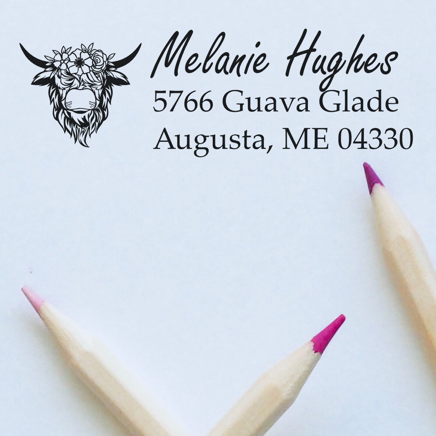Custom return address rubber stamp with floral longhorn skull logo, personalized for Melanie Hughes in Augusta, ME.