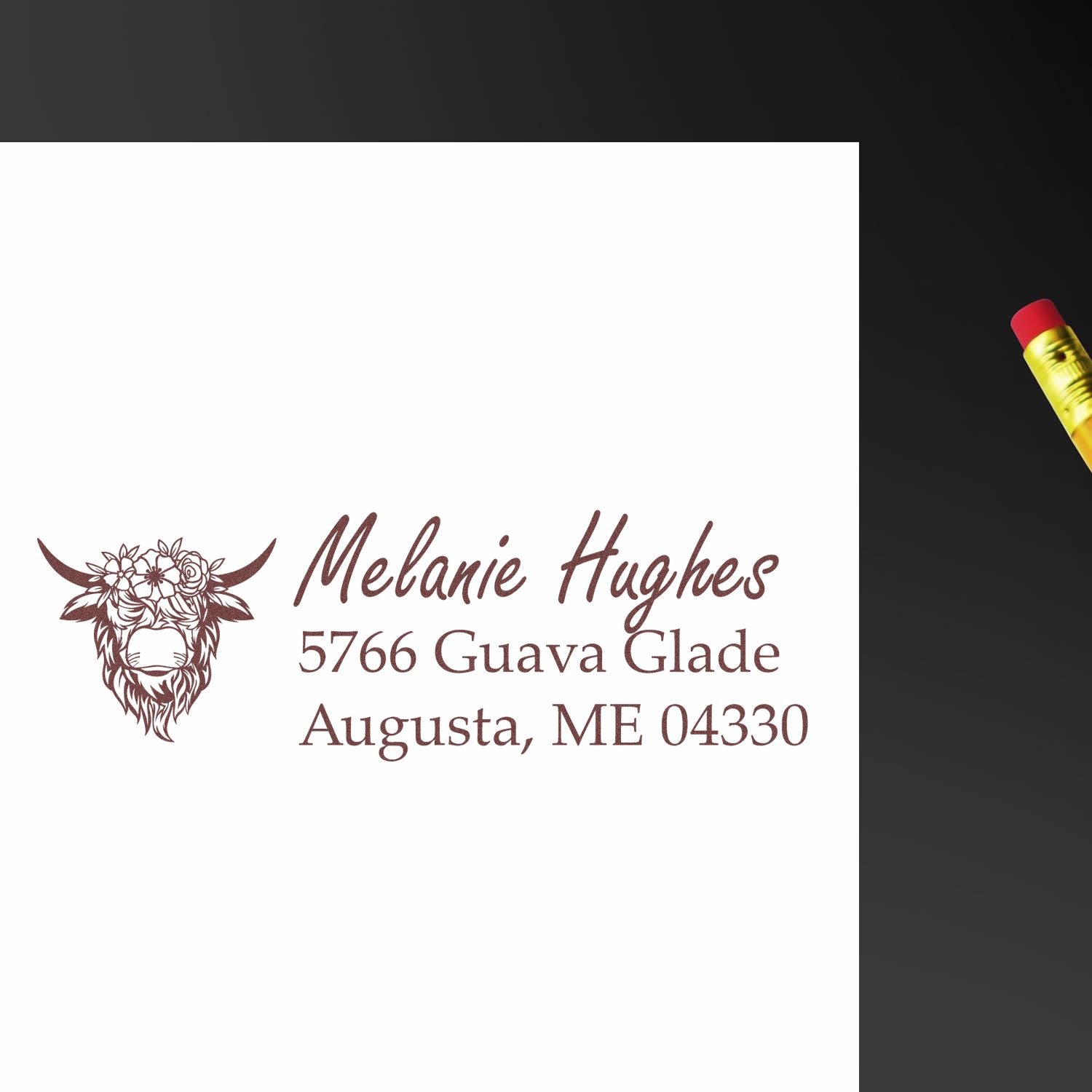 Custom return address rubber stamp with floral cow head design for Melanie Hughes, Augusta, ME.