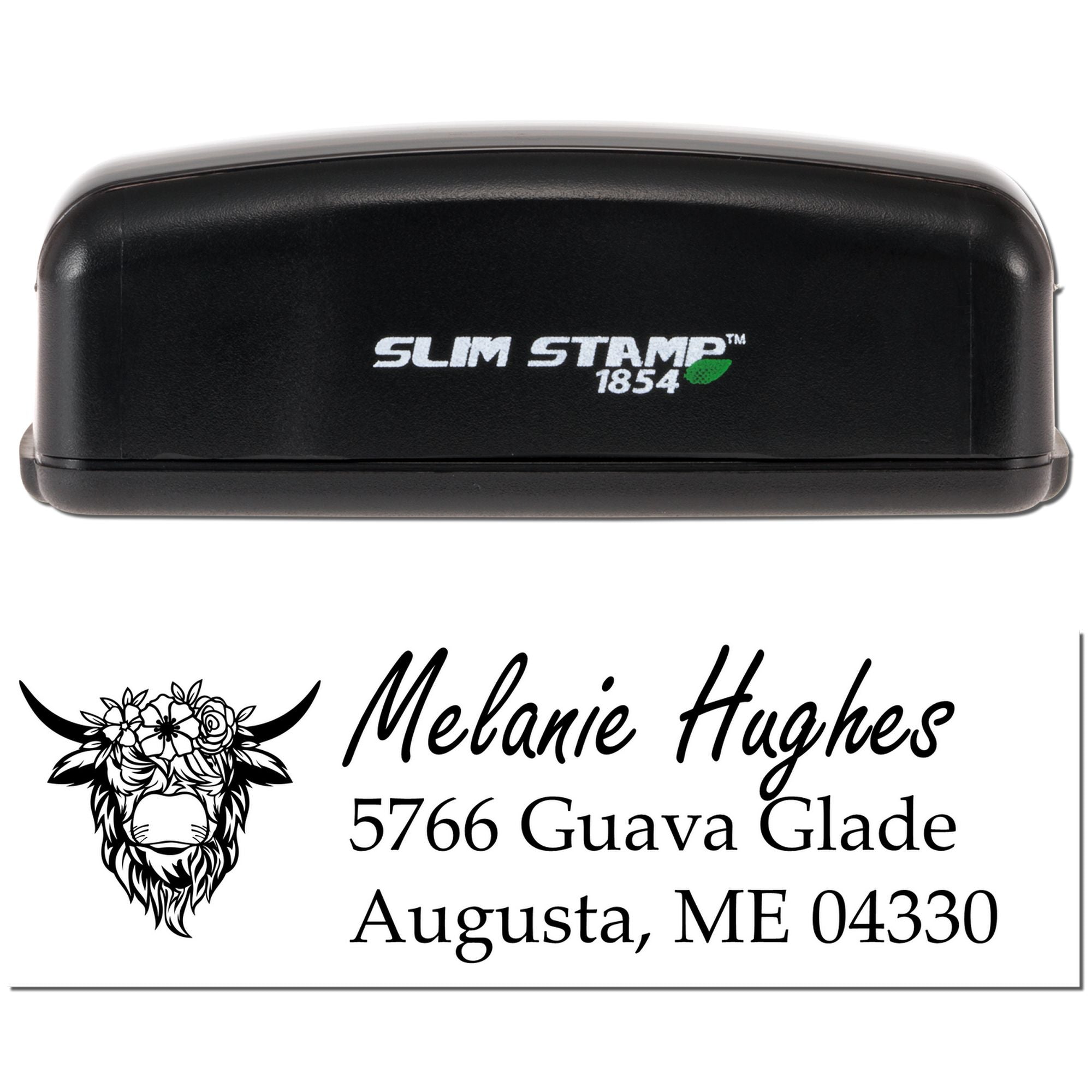 Slim Stamp 1854 custom address rubber stamp with floral cow logo and Melanie Hughes, Augusta, ME 04330 address design