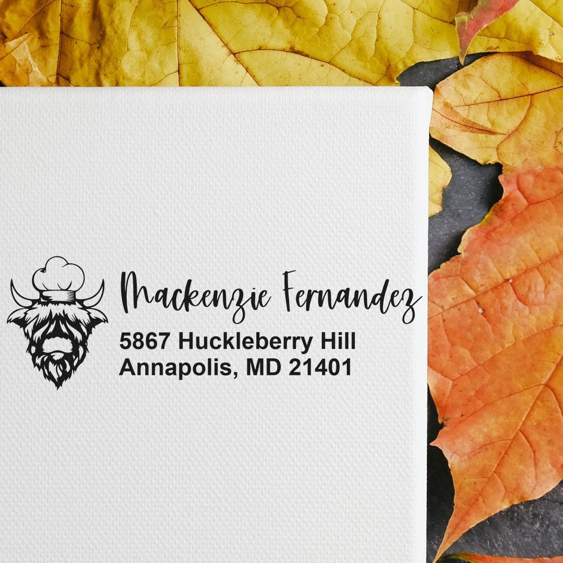 Custom return address rubber stamp with cow logo for envelopes and mail, featuring Annapolis, MD address.