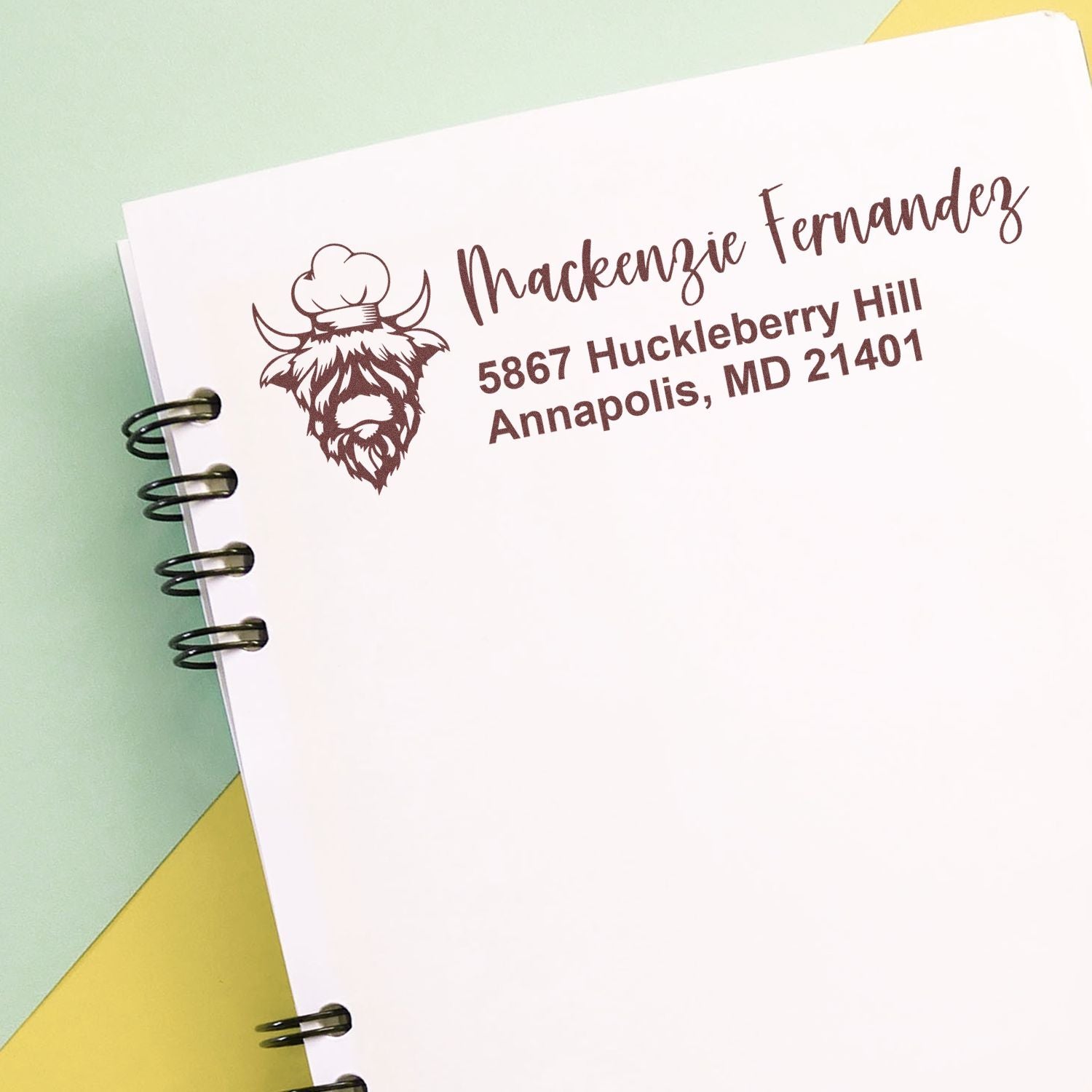 Custom return address rubber stamp with buffalo logo for Mackenzie Fernandez, Annapolis, MD 21401