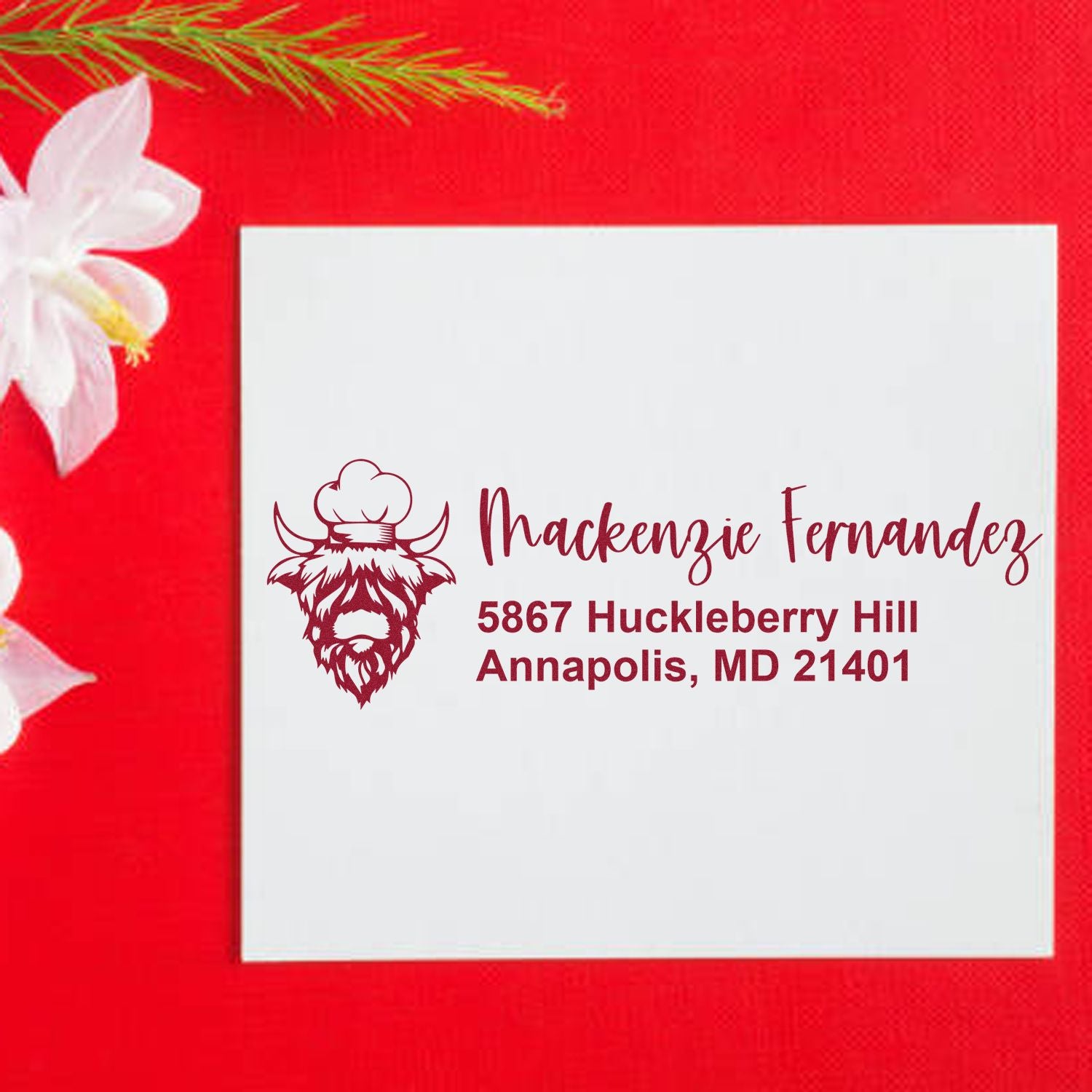 Custom return address rubber stamp with cow logo and personalized name and Annapolis, MD mailing address.