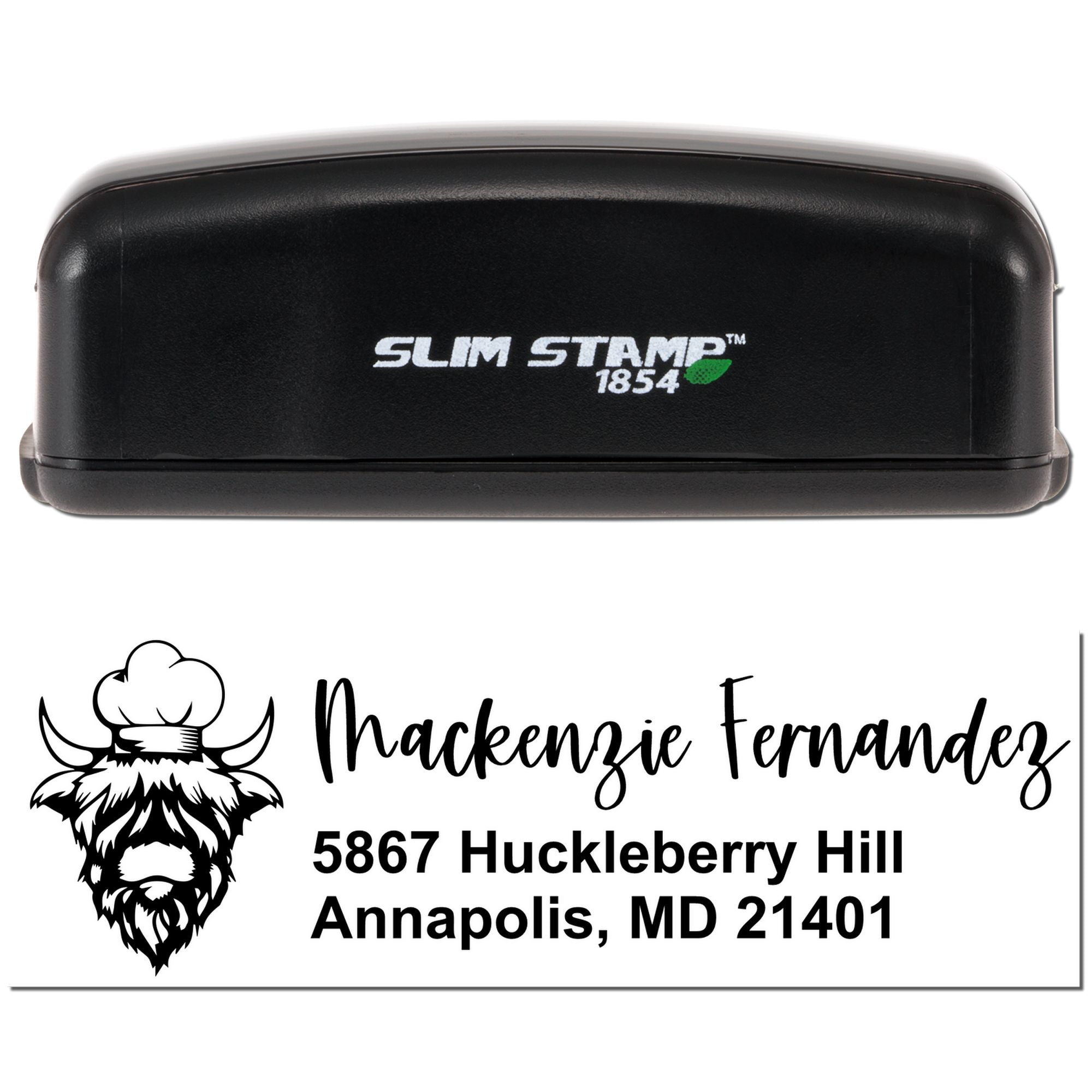 Slim Stamp 1854 custom rubber address stamp with chef logo, Mackenzie Fernandez, Annapolis, MD return address.