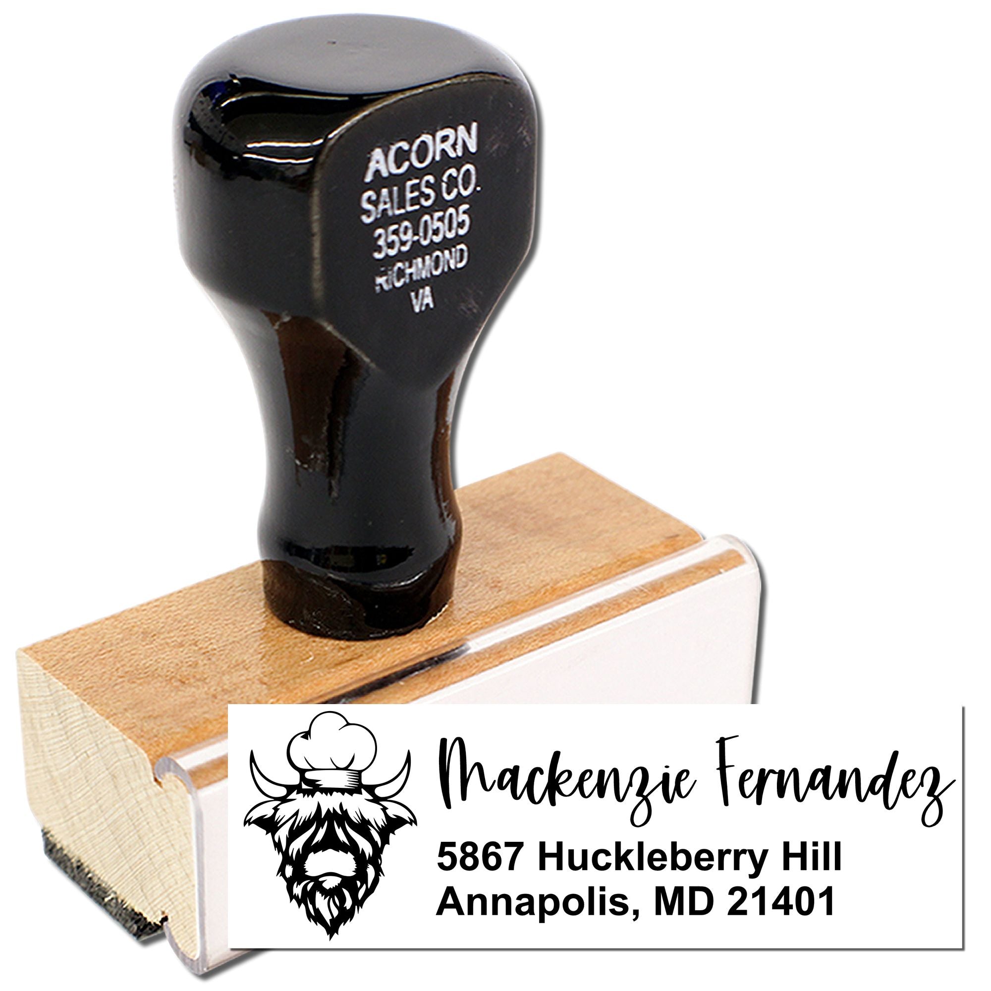 Custom return address rubber stamp with name, logo, and Annapolis, MD address on a wooden stamp handle.
