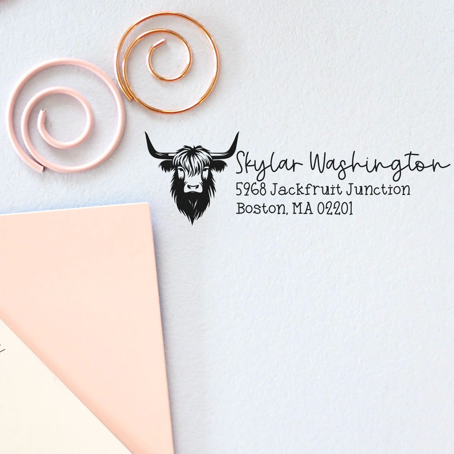 Personalized return address stamp with bull logo, featuring Skylar Washington, Boston MA 02201, for stationery.