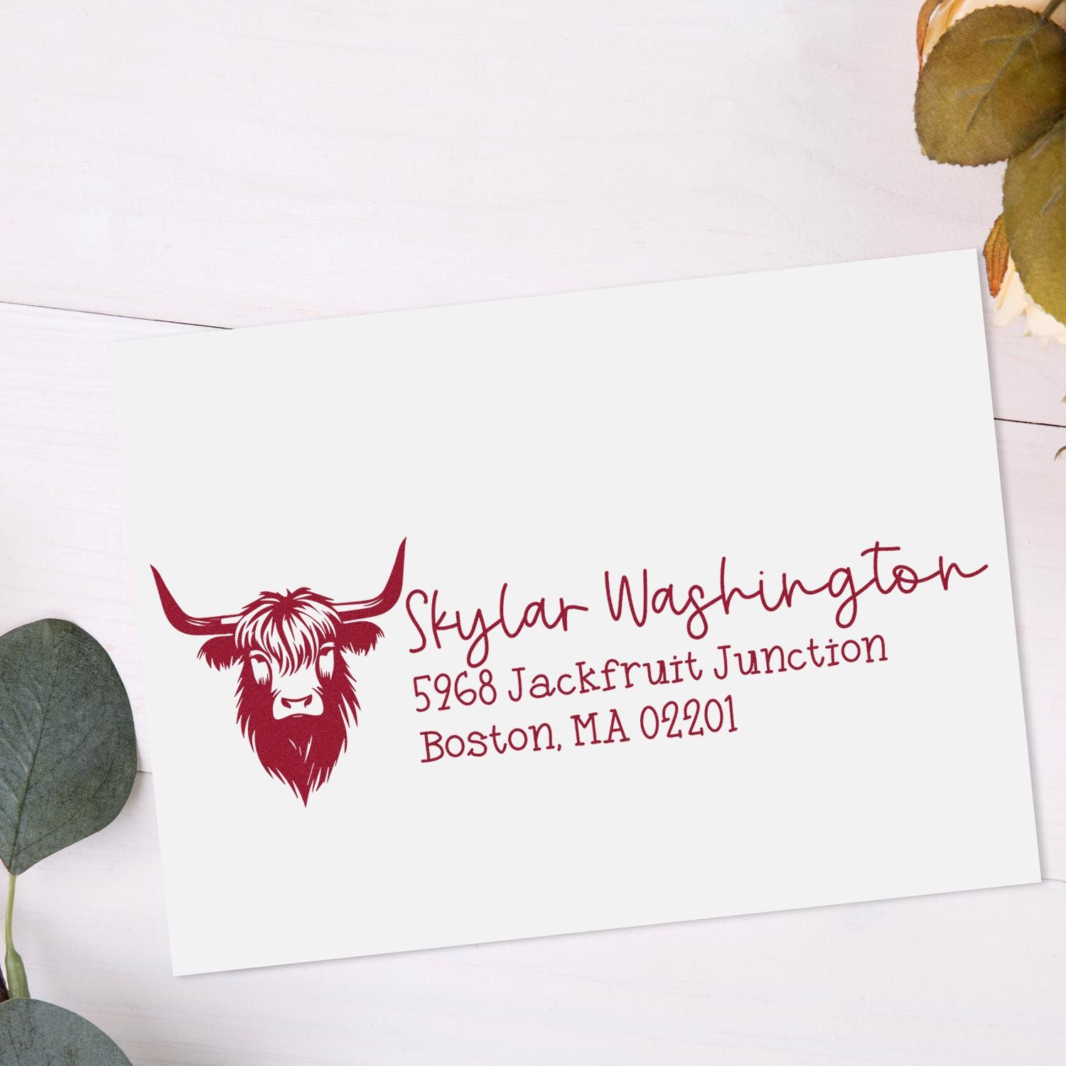 Custom return address rubber stamp with longhorn cow logo for Skylar Washington, Boston, MA.