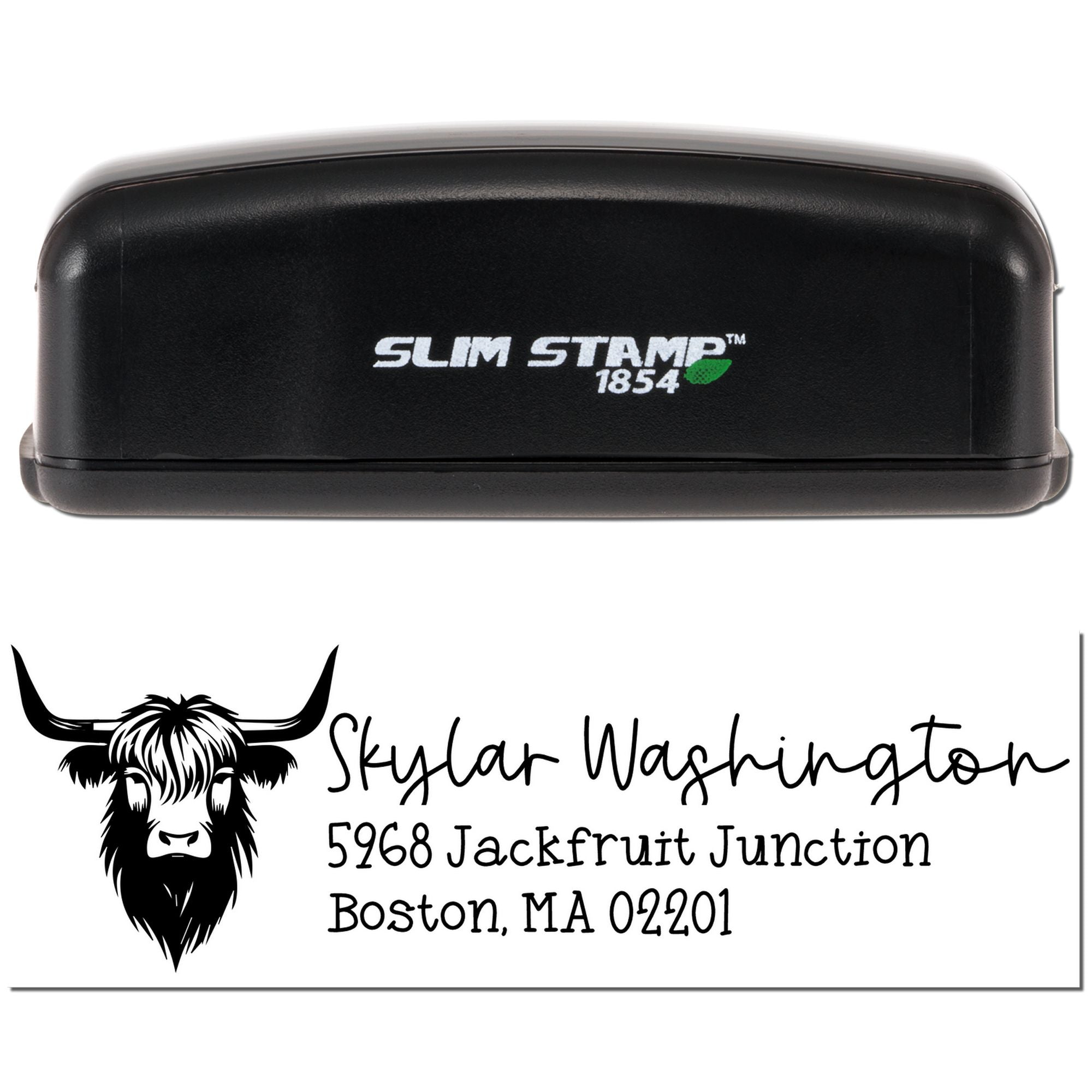 Custom self-inking rubber stamp with Slim Stamp 1854 case and personalized business address stamp sample design.