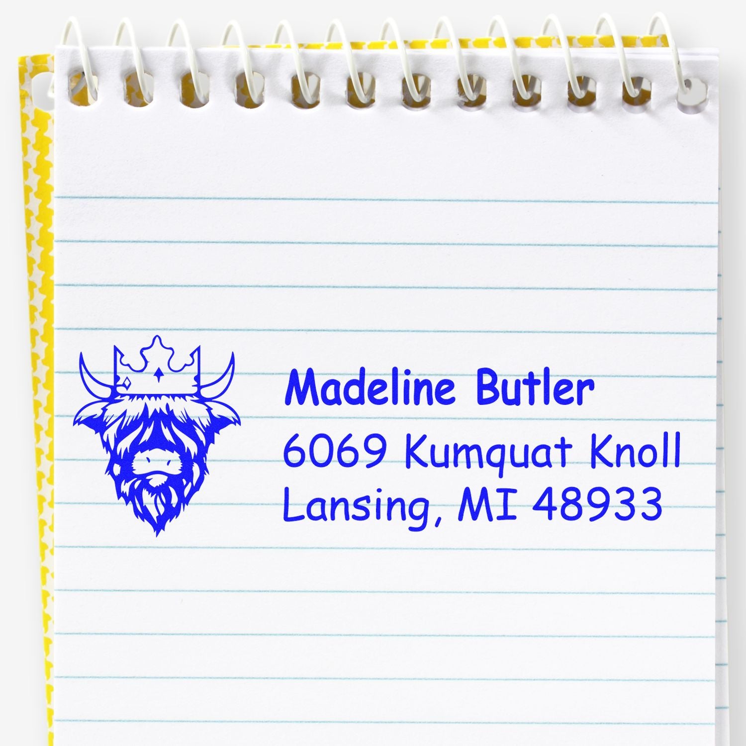 Custom rubber return address stamp with unicorn logo for Madeline Butler, Lansing MI 48933, for quick personalized mailing.