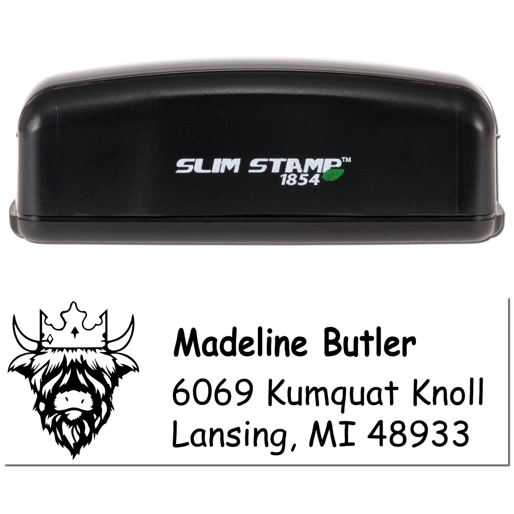 Slim Stamp 1854 custom return address rubber stamp with cow logo, personalized for Madeline Butler in Lansing, MI.