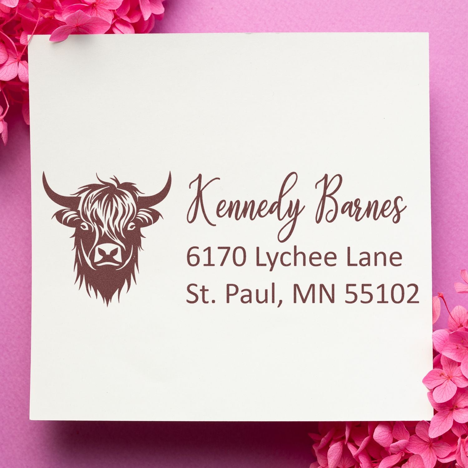 Custom cow-themed return address rubber stamp sample for Kennedy Barnes, St. Paul, MN