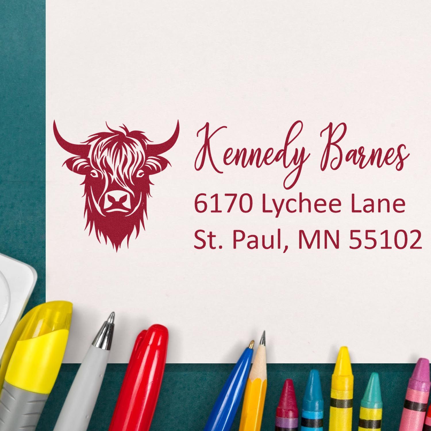 Personalized address rubber stamp with bull logo for Kennedy Barnes, St. Paul MN, ideal for custom business mail stamping.