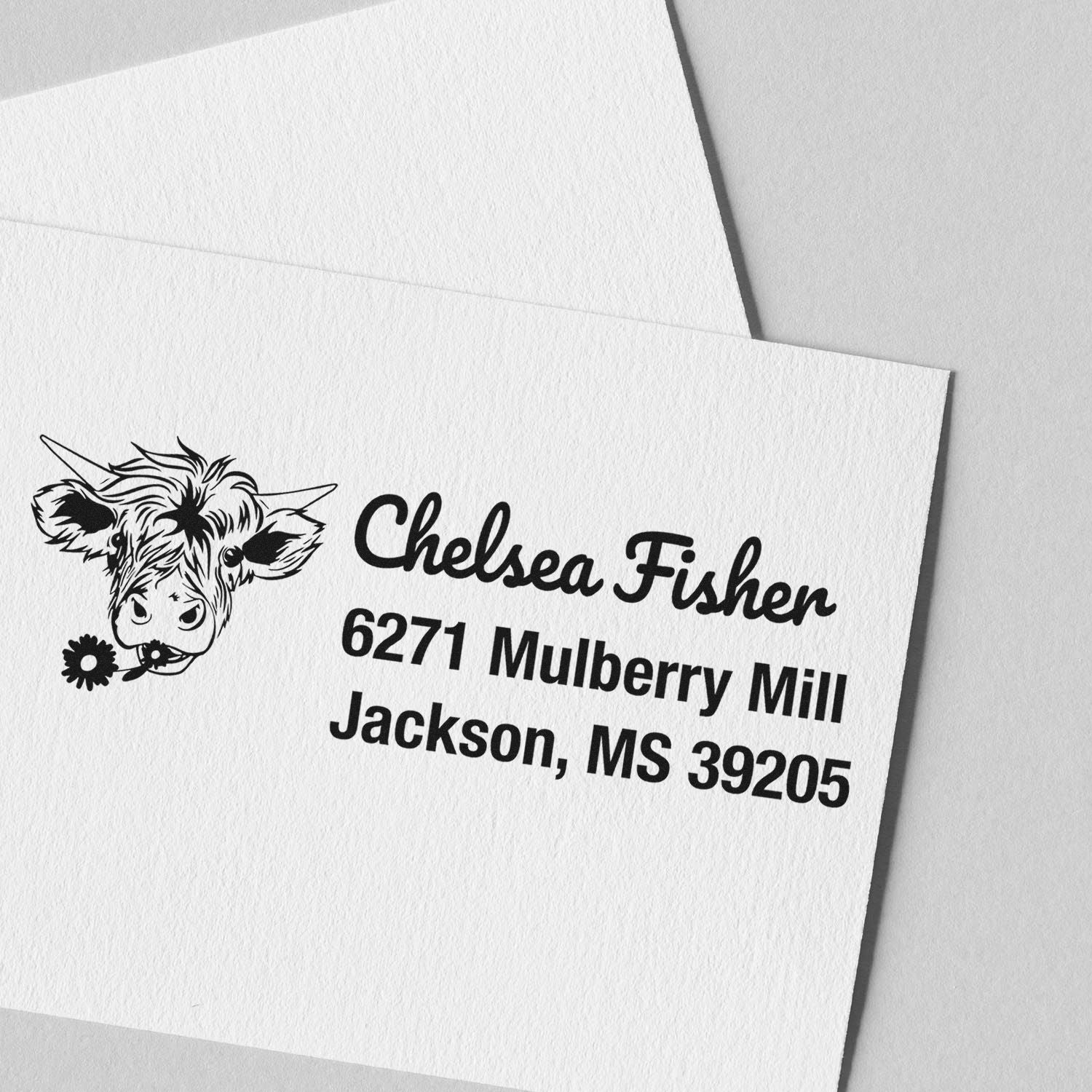 Custom return address rubber stamp with cow illustration for Chelsea Fisher, 6271 Mulberry Mill, Jackson, MS 39205.