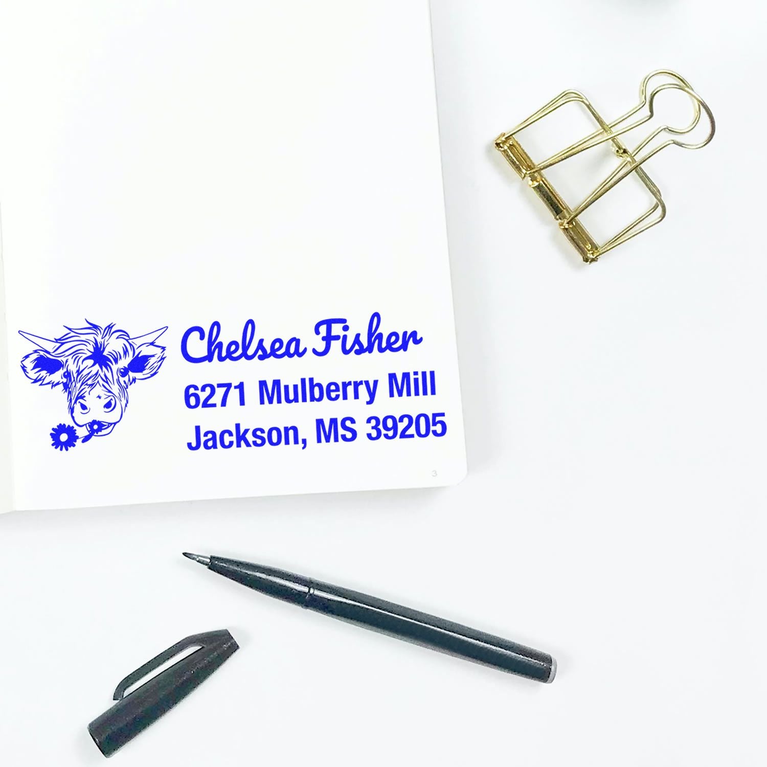Custom return address rubber stamp with cow logo, personalized for Chelsea Fisher in Jackson, MS.