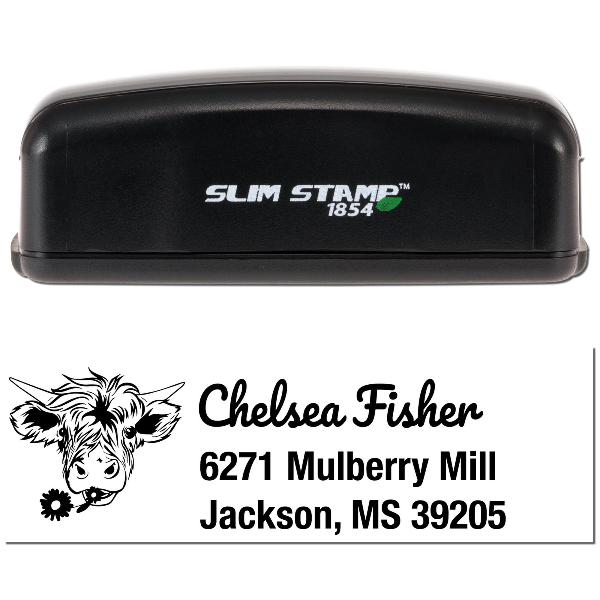 Slim Stamp 1854 custom address rubber stamp with cow logo for Chelsea Fisher, Jackson, MS 39205.