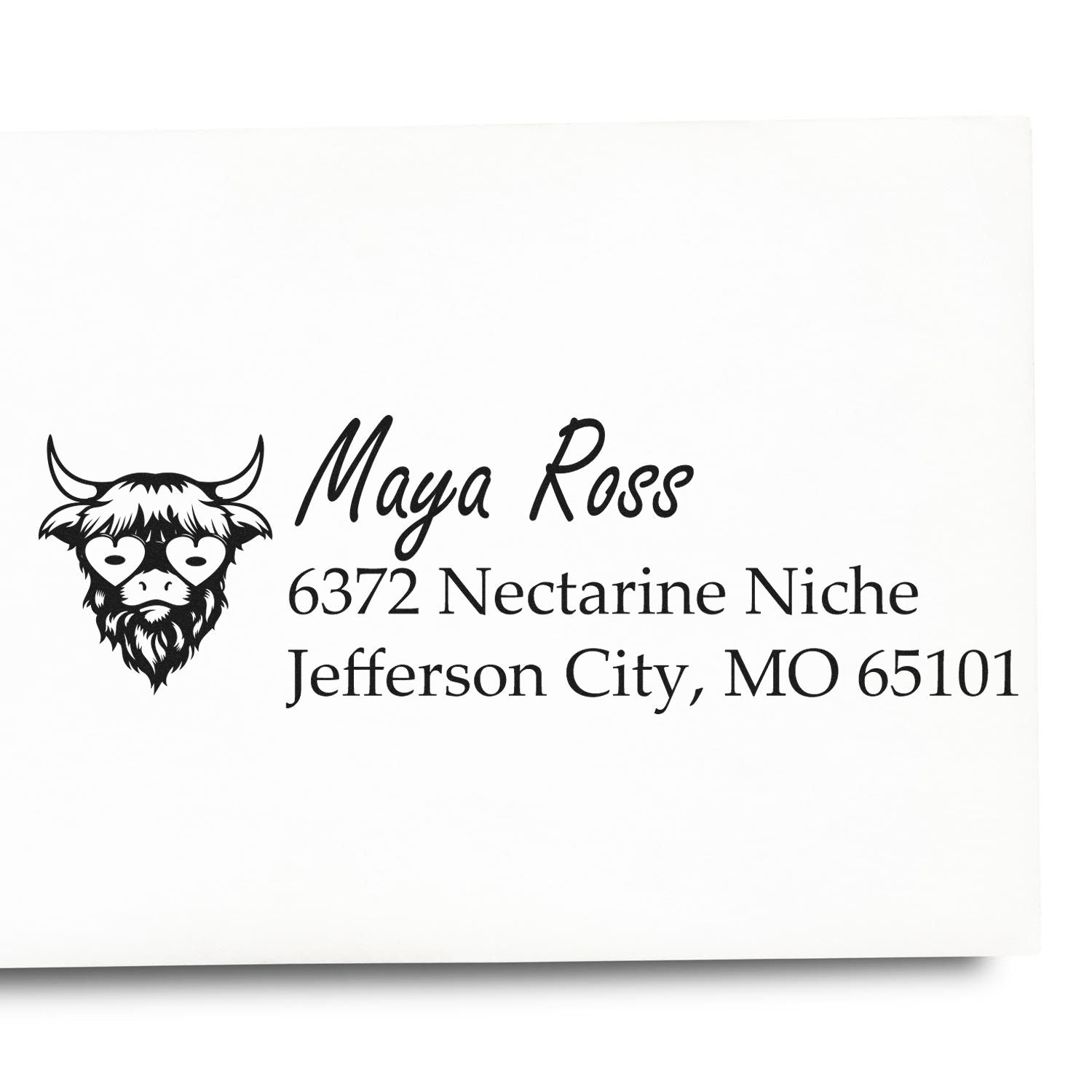 Custom return address rubber stamp with bull logo for Maya Ross, Jefferson City, MO 65101.